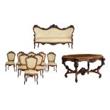 A Napoleon III rosewood furniture set, containing eight chairs, a settee, and a centre table, H 72 -