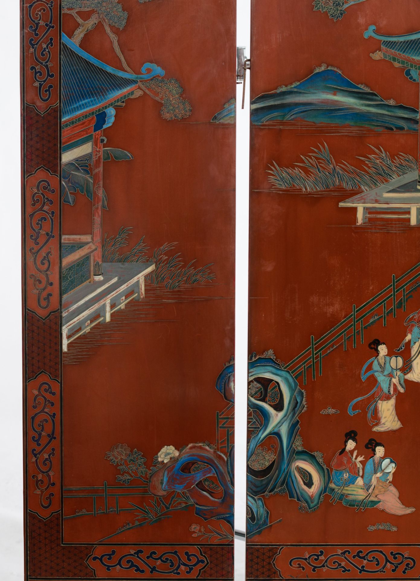 A Chinese six-fold lacquered chamber screen, late 19thC/20thC, Dimensions of one panel 183,3 x 40,5 - Image 2 of 7