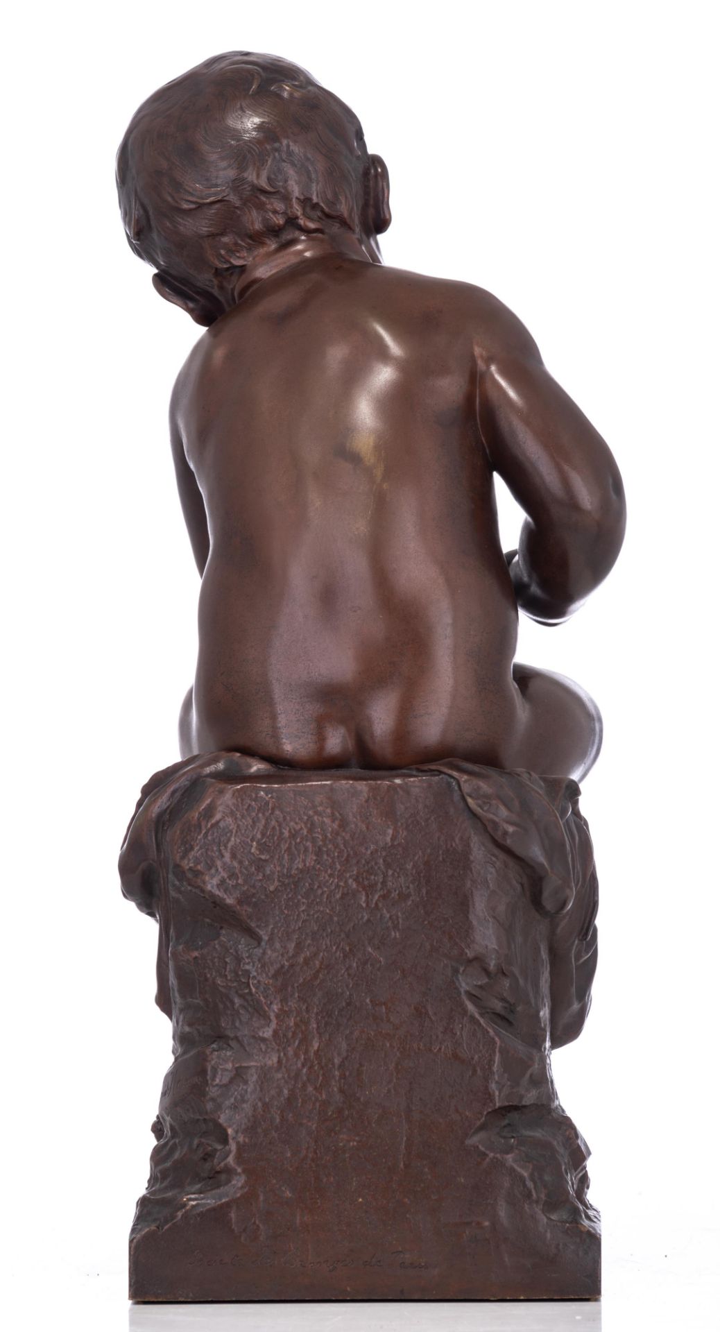 Auguste Moreau (1834-1917), a patined bronze figure of a boy trying to catch a fly, H 56,5 cm - Image 3 of 8