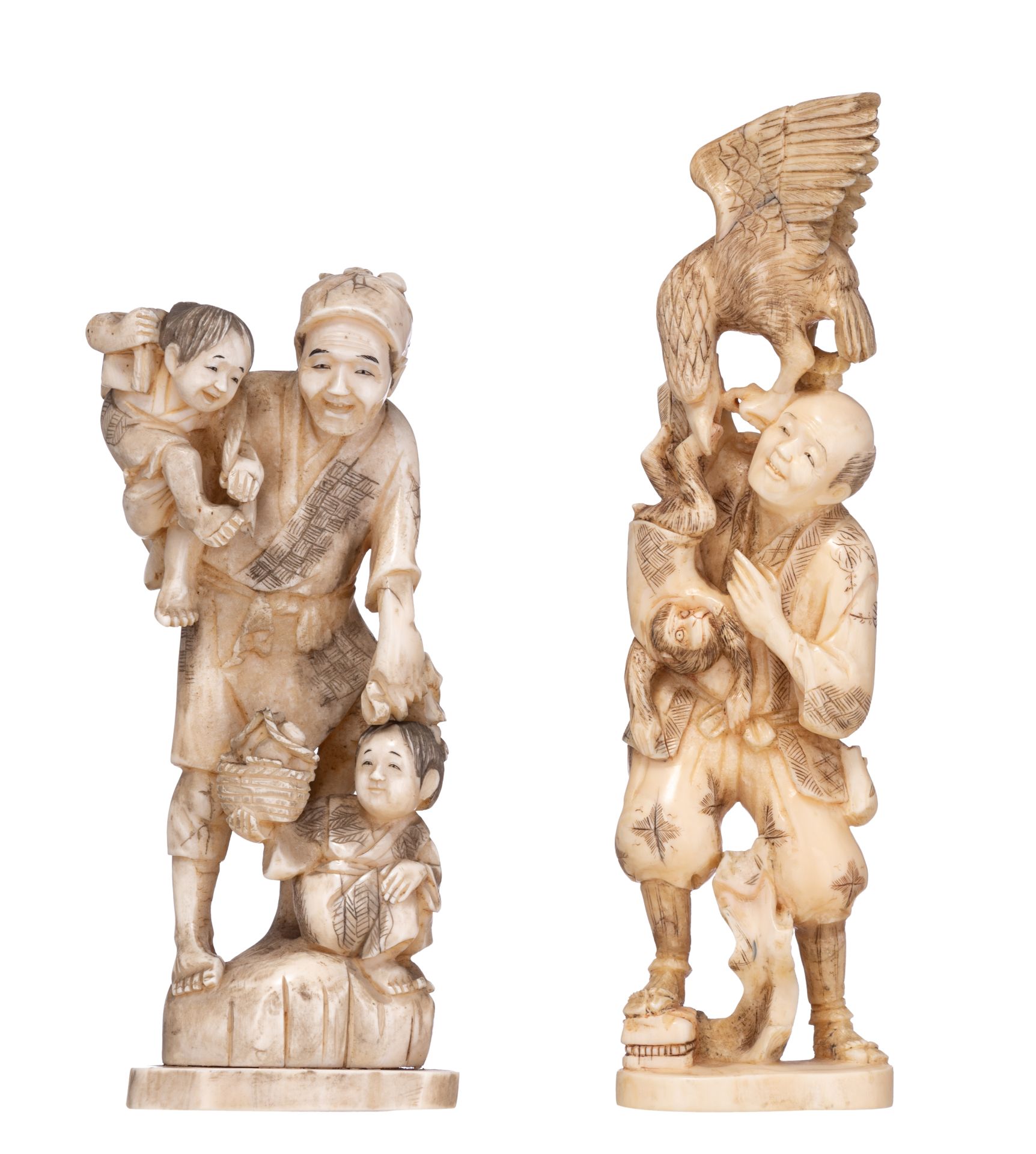 Two Japanese Meiji-period ivory okimono, H 18,7 - 22,6 cm / weight c. 480 - 350 g.