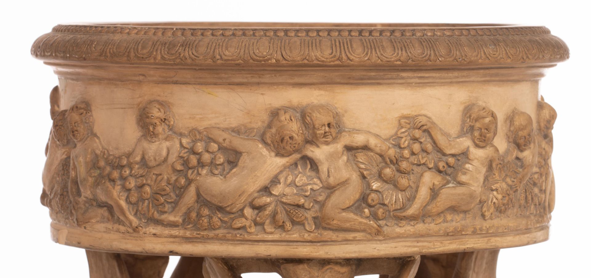 An Empire style patinated terracotta jardinière, H 90 - ø 36,5 cm - Image 9 of 17