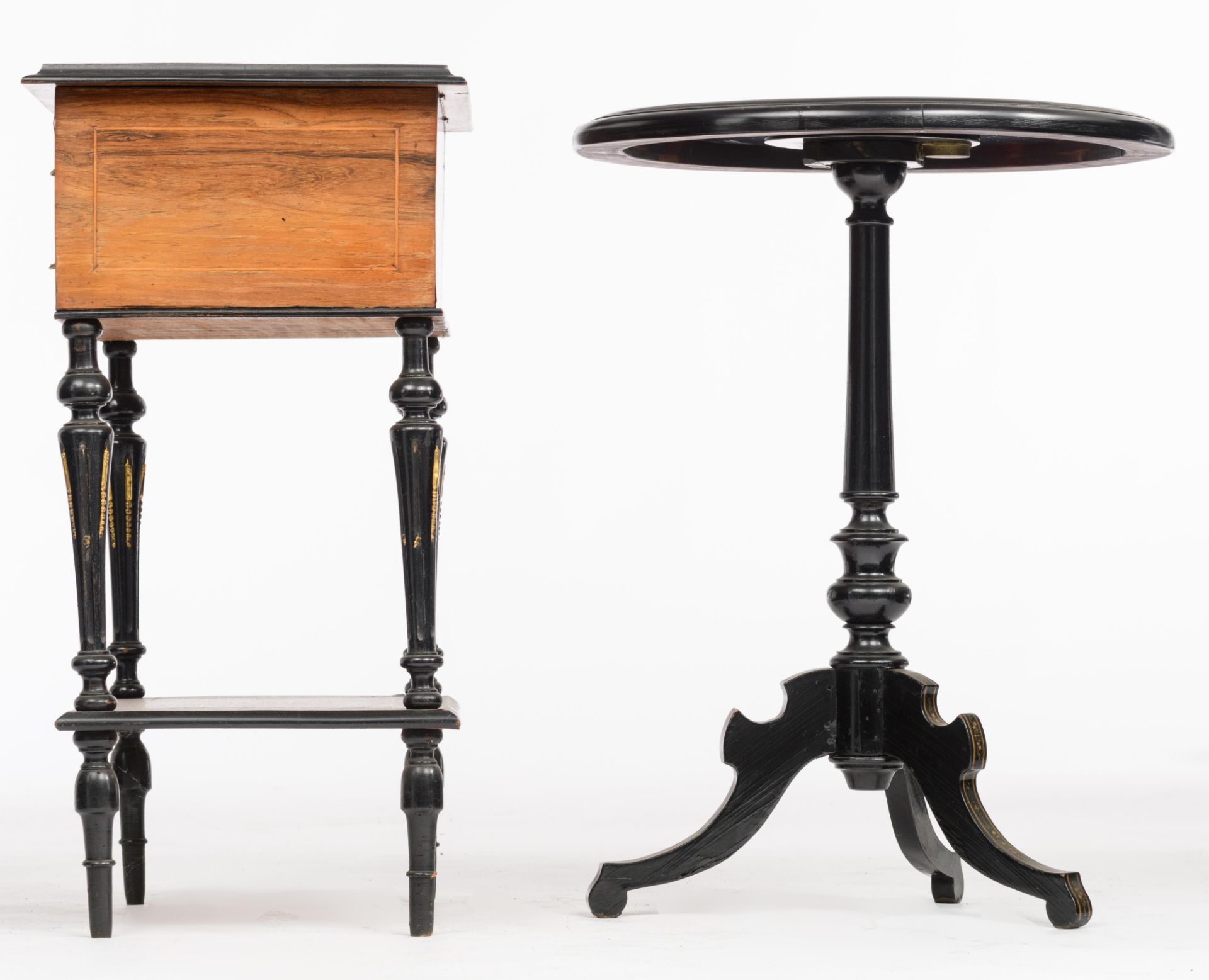 A Neoclassical lady's sewing table and a matching fold-over tea table, H 73 - 76 cm - Image 3 of 13