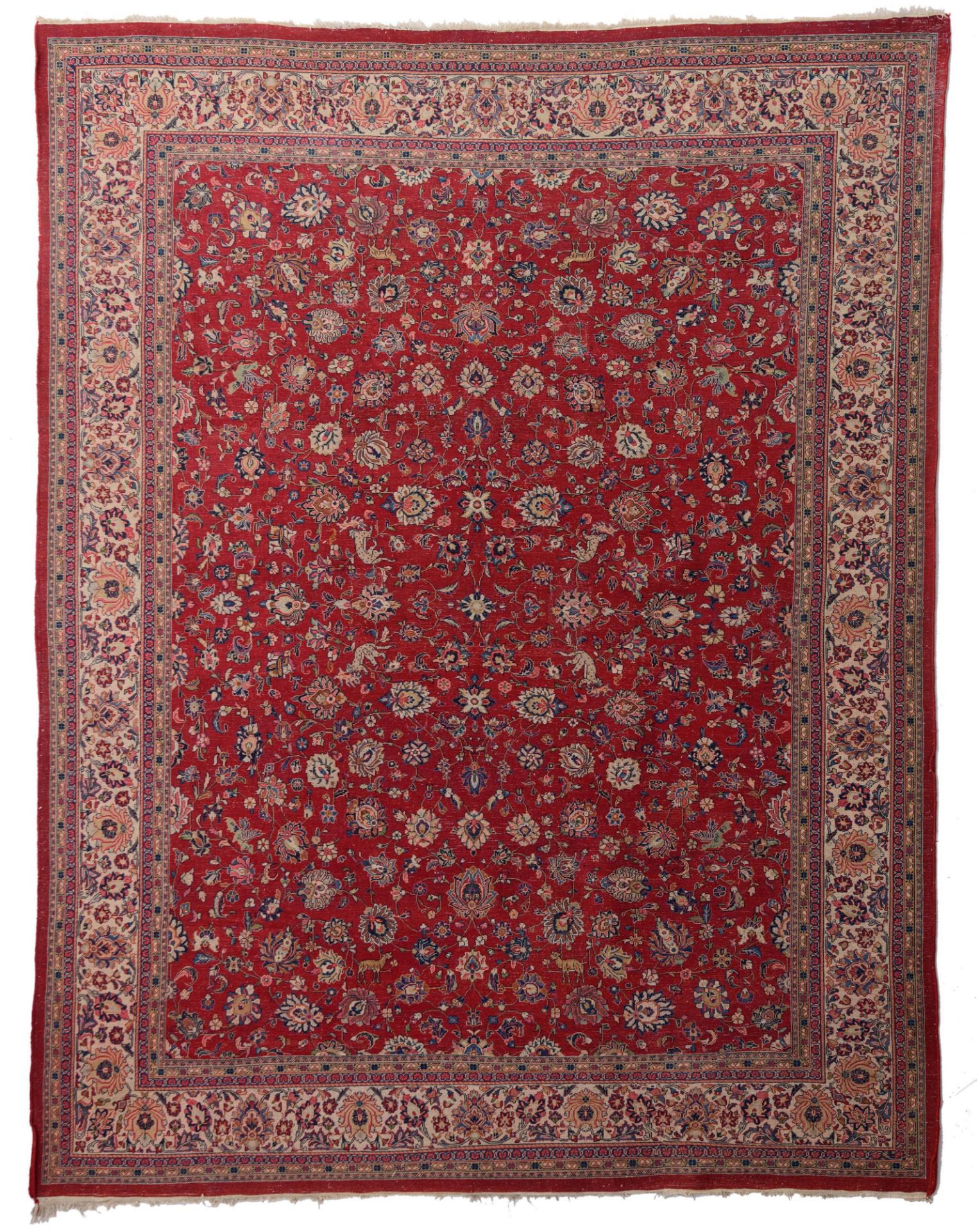 A large Oriental Sarourg carpet, floral decorated with leopards and deers, 297 cm x 378 cm - Image 2 of 7
