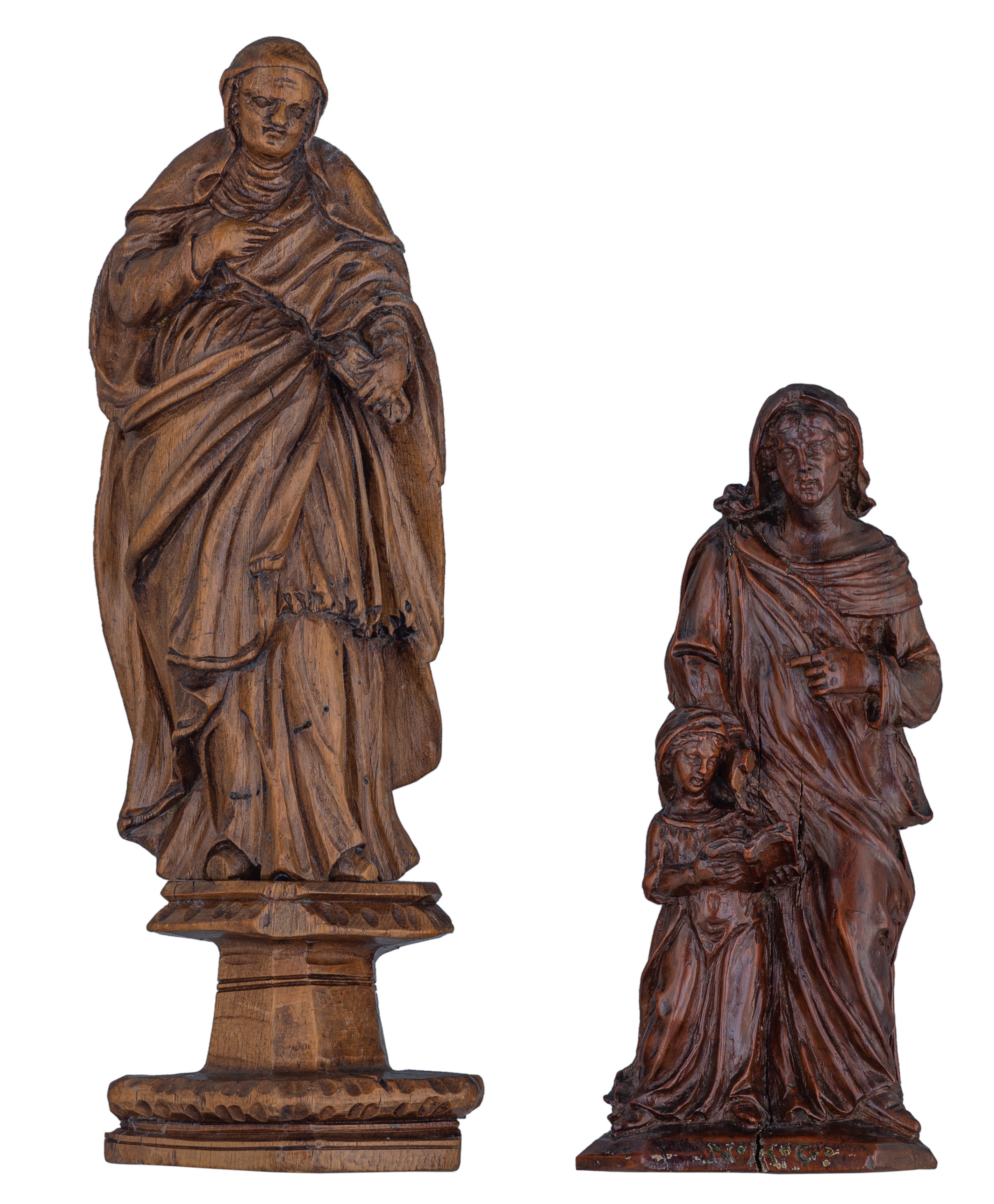 Two 17thC wooden sculptures, possibly Southern Netherlands, one a matching base, H - 21,6cm (without