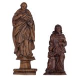 Two 17thC wooden sculptures, possibly Southern Netherlands, one a matching base, H - 21,6cm (without