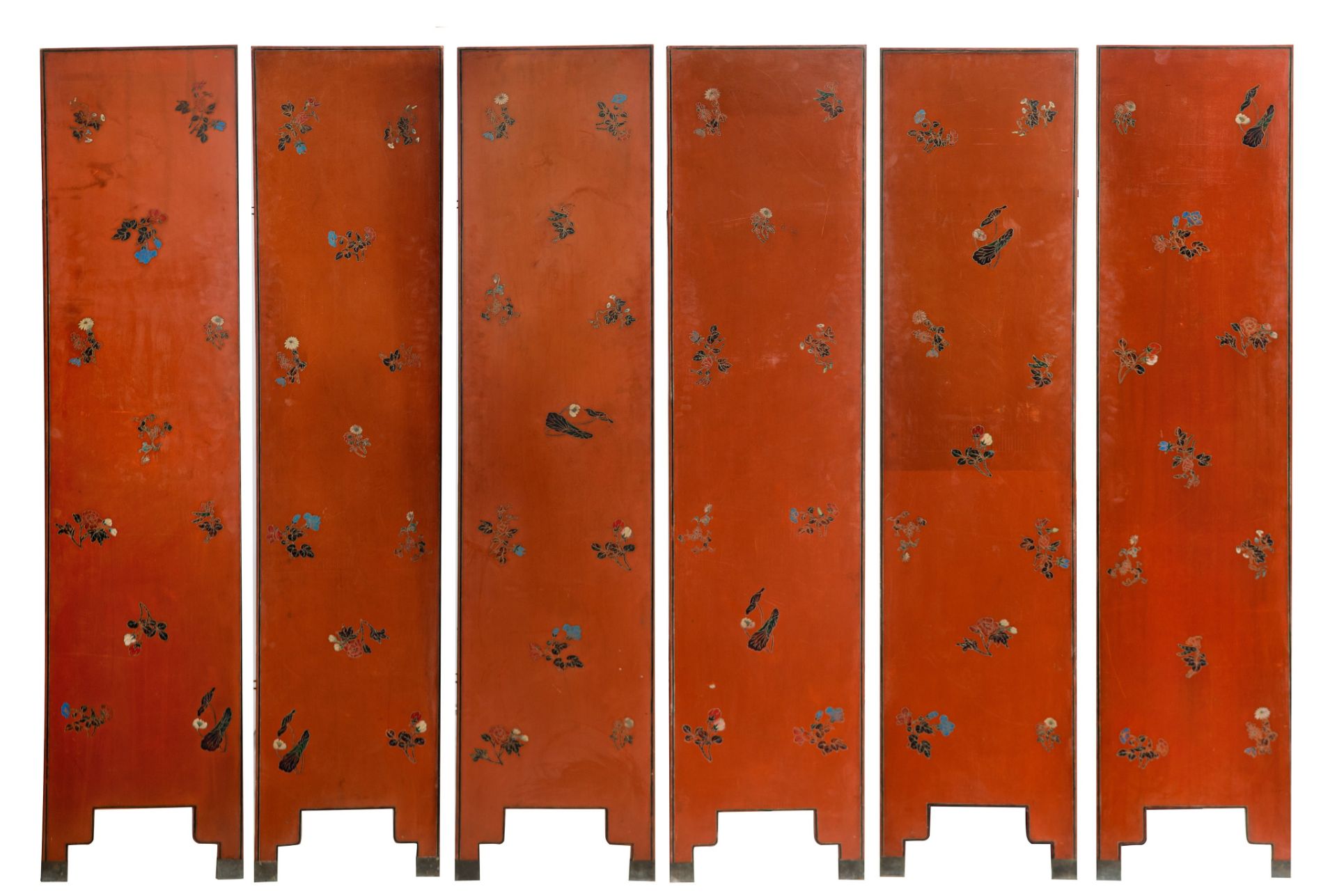 A Chinese six-fold lacquered chamber screen, late 19thC/20thC, Dimensions of one panel 183,3 x 40,5