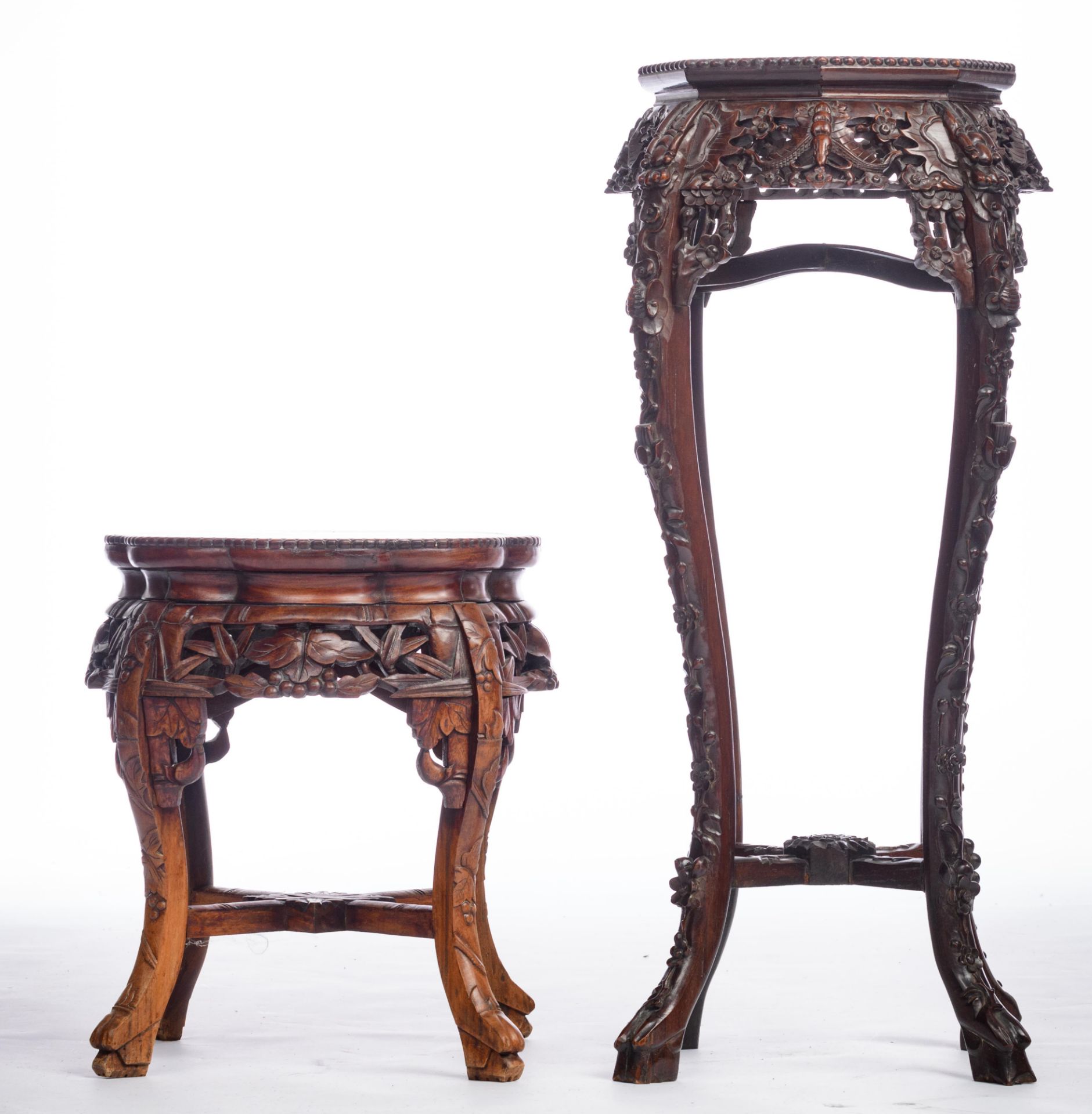 Two Chinese richly carved exotic hardwood stands, H 48 - 91 - W 40 - 42 cm - Image 2 of 7