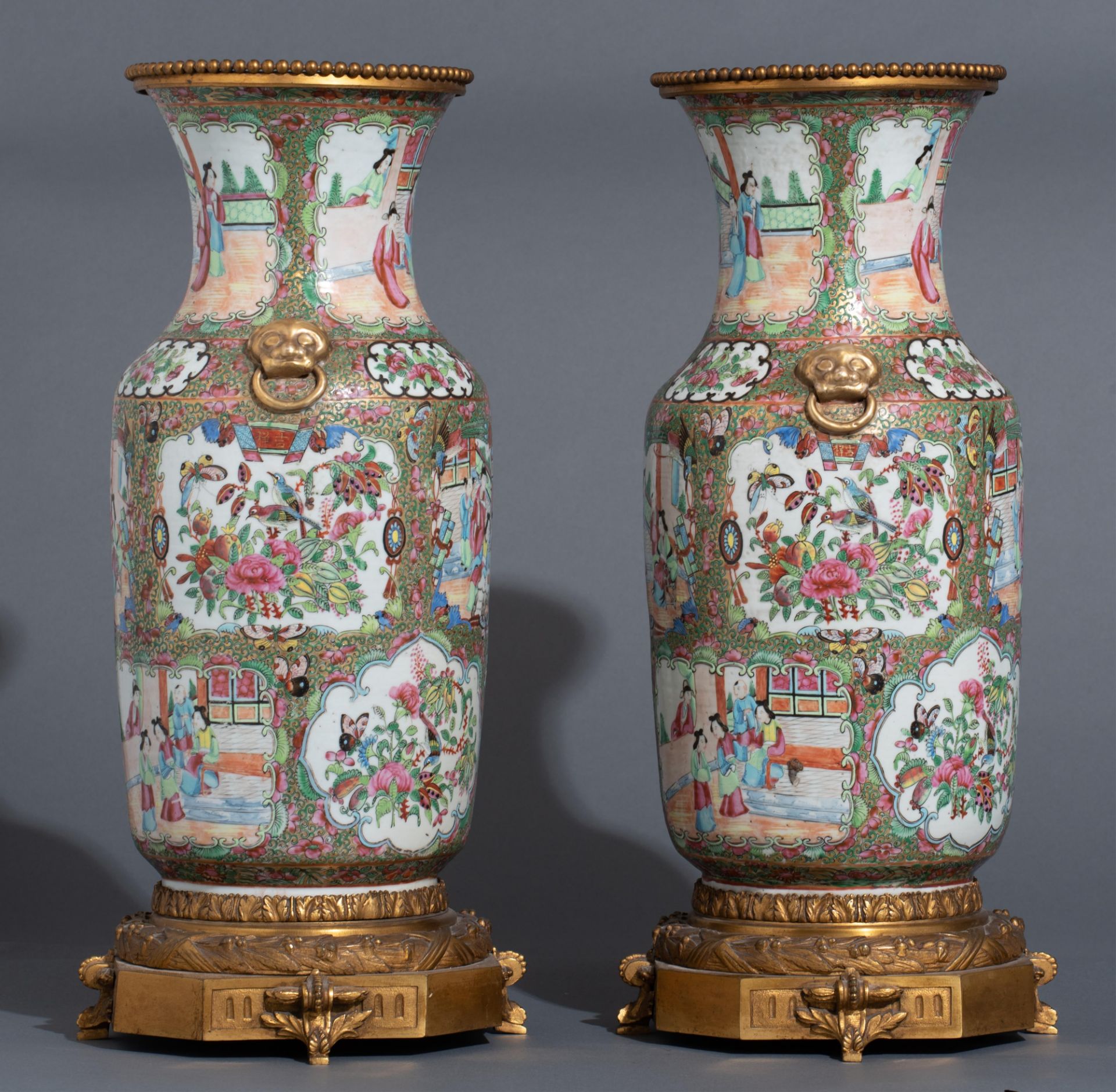 Two Chinese Canton famille rose mounted vases and a ditto punch bowl, 19thC, H 52 cm - Image 2 of 13