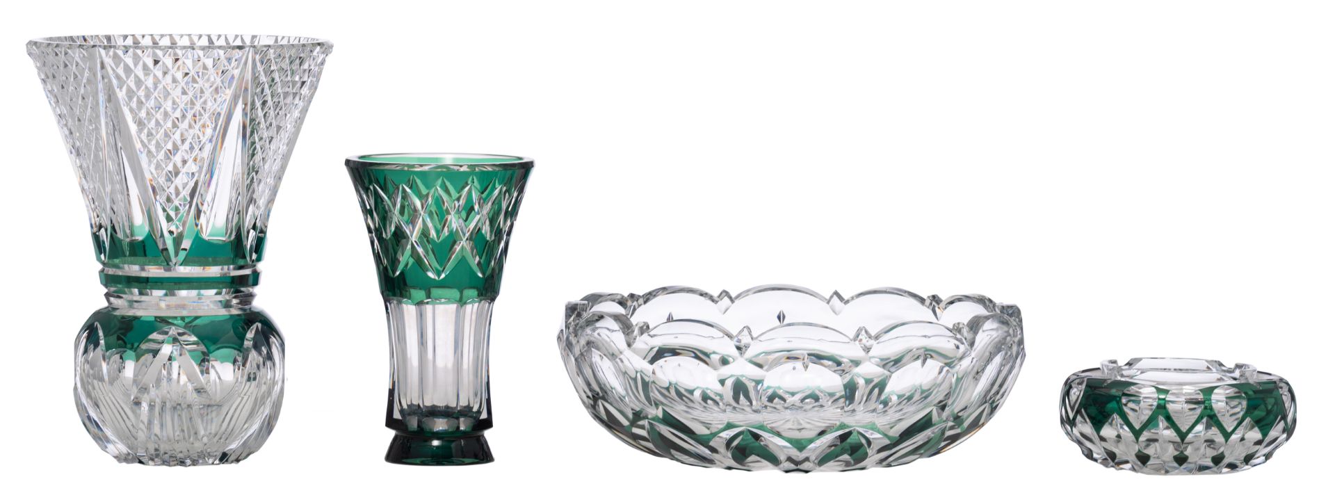 A various collection of Val-Saint-Lambert, with emerald green overlay, H 7 - 28 cm