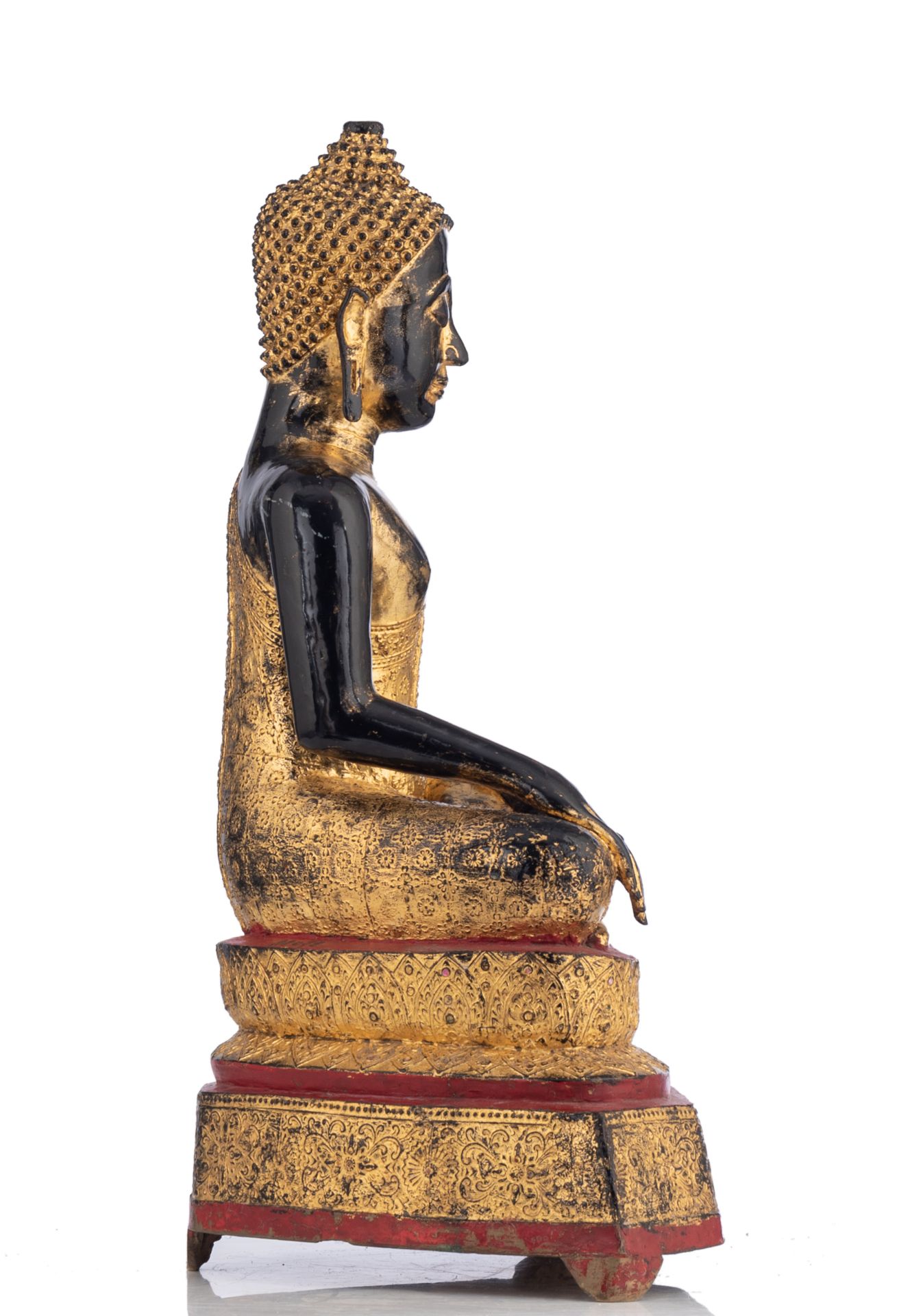 Two gilt bronze standing Buddha and a lacquered and gilt wood seated Buddha, Thailand, Tallest H 121 - Image 7 of 11