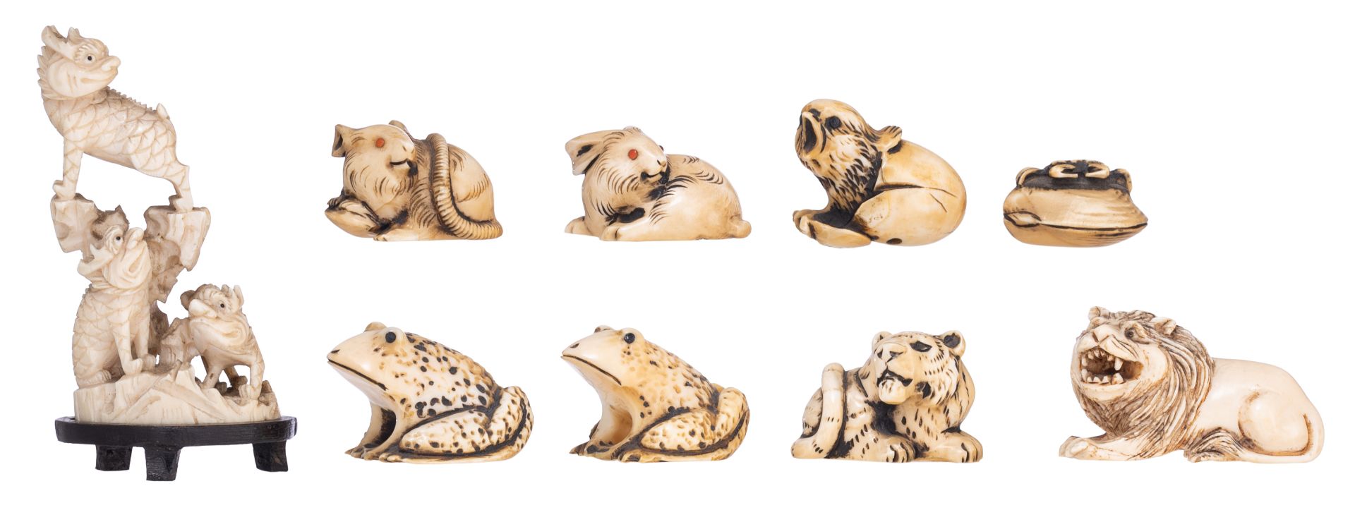 Eight Japanese Meiji-, Taishô- and early Showâ-period ivory netsuke, W 3 - 3,5 - 3,7 (2) - 3,9 - 4,1