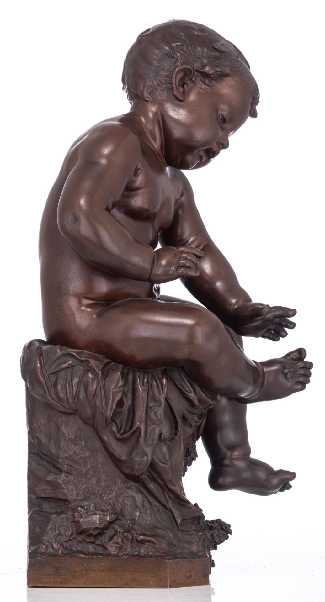 Auguste Moreau (1834-1917), a patined bronze figure of a boy trying to catch a fly, H 56,5 cm - Image 4 of 8