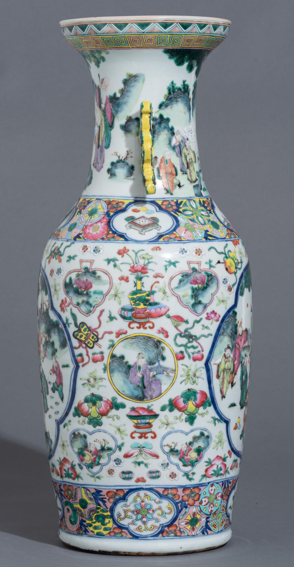A Chinese famille rose vase, paired with lingzhi handles, 19thC, H 60 cm - Image 3 of 6