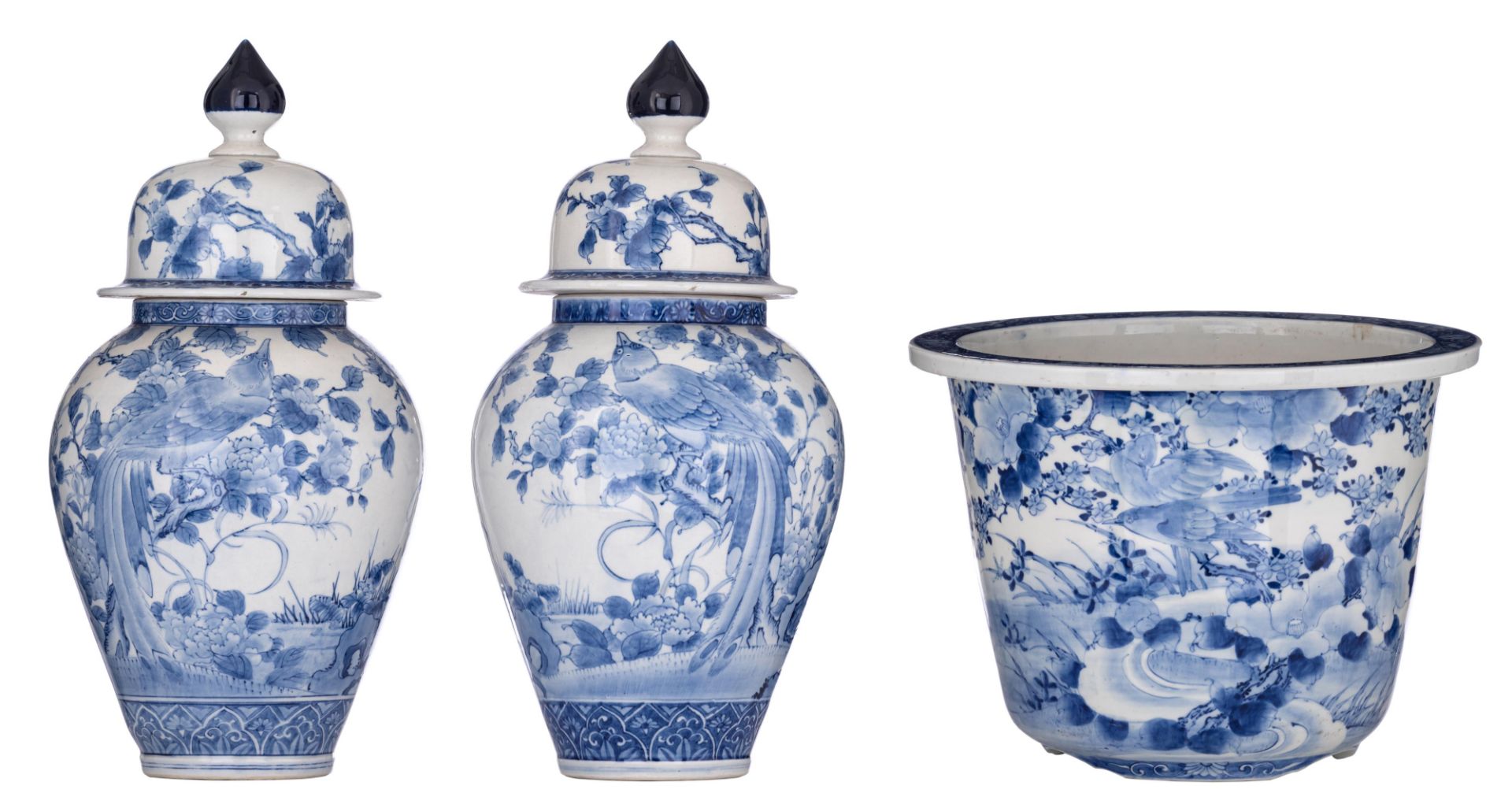 A pair of Japanese blue and white Arita covered vases and a ditto jardinière, Meiji period, H vases