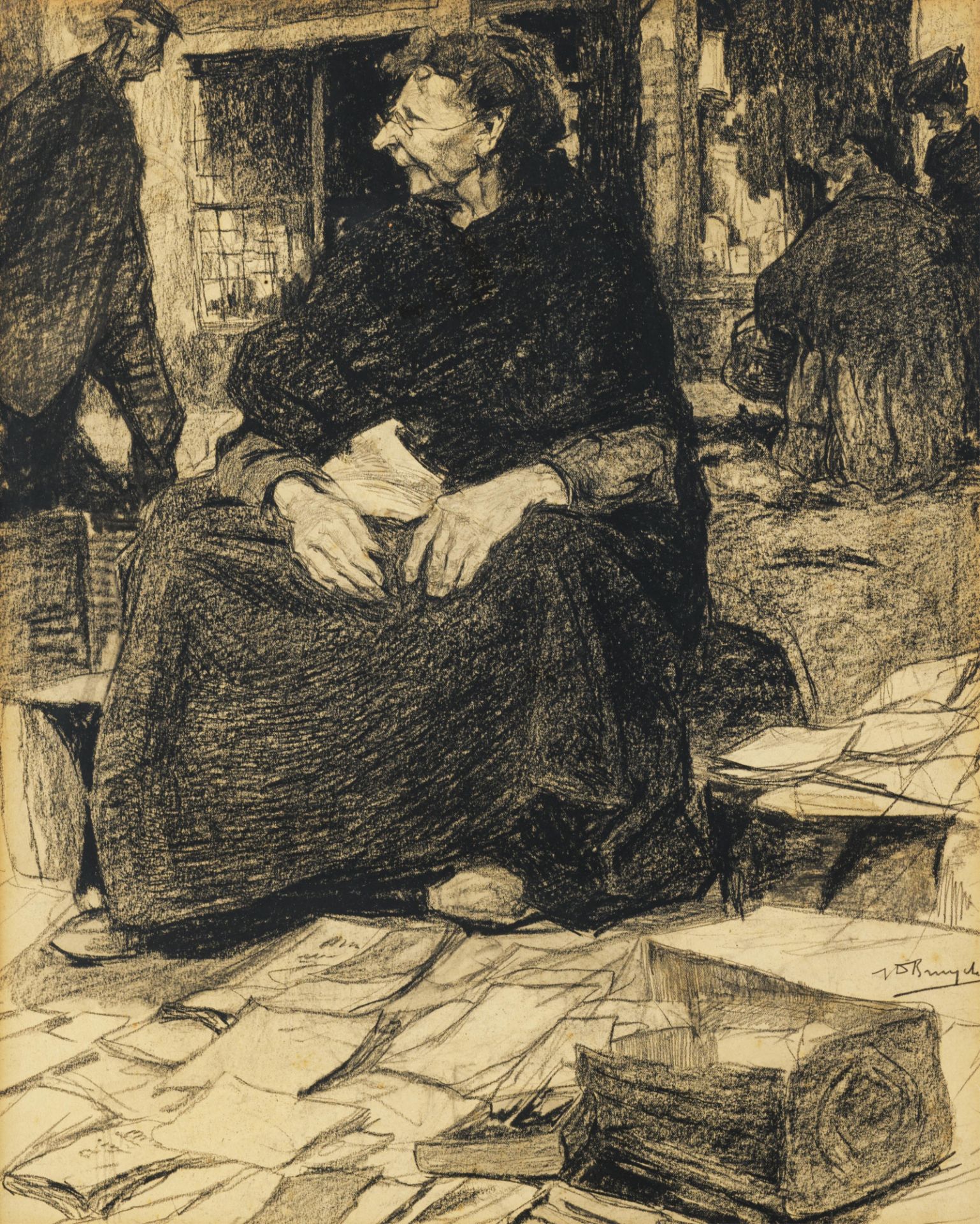 Jules De Bruycker (1870-1945), charcoal drawing, 40 x 50 cm