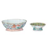 A famille rose footed bowl and a footed altar plate, late 19thC, bowl H 7,5 - 17 x 20 cm