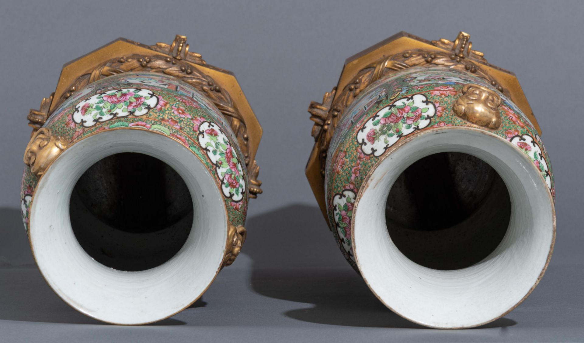 Two Chinese Canton famille rose mounted vases and a ditto punch bowl, 19thC, H 52 cm - Image 5 of 13