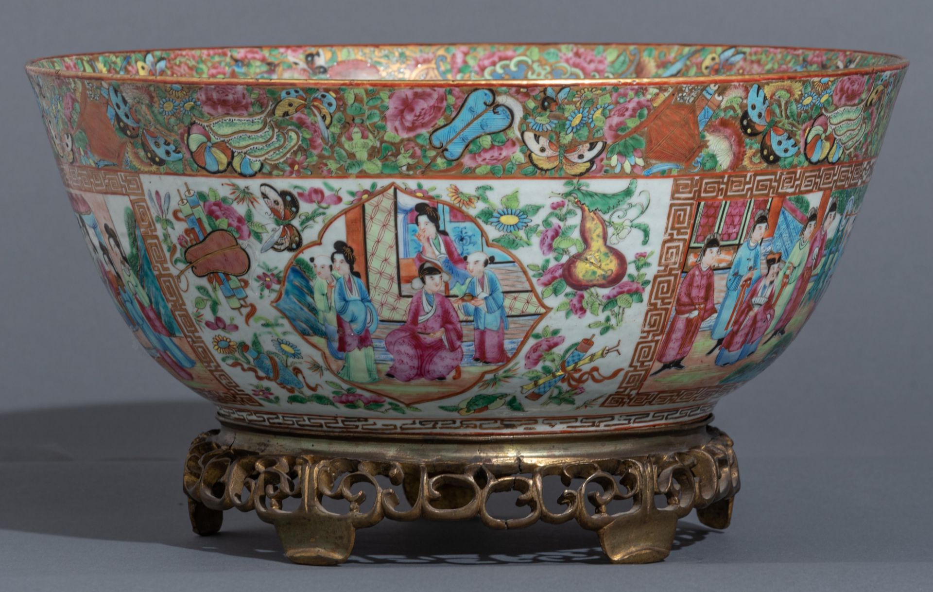 Two Chinese Canton famille rose mounted vases and a ditto punch bowl, 19thC, H 52 cm - Image 9 of 13