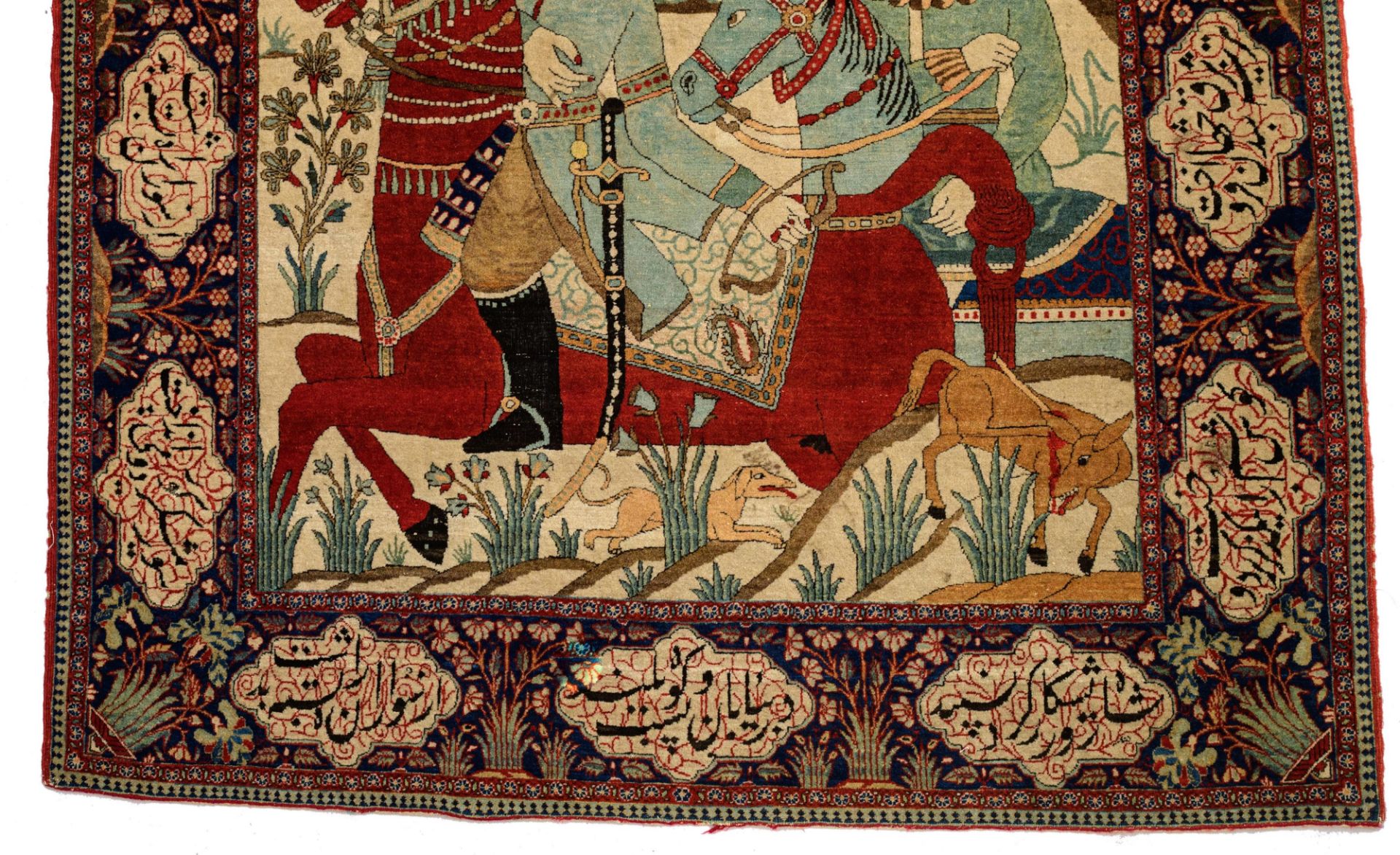 A pictorial Kashan 'Mohtasham' rug, featuring King Bahram, 19thC, 132 x 204 cm - Image 4 of 7