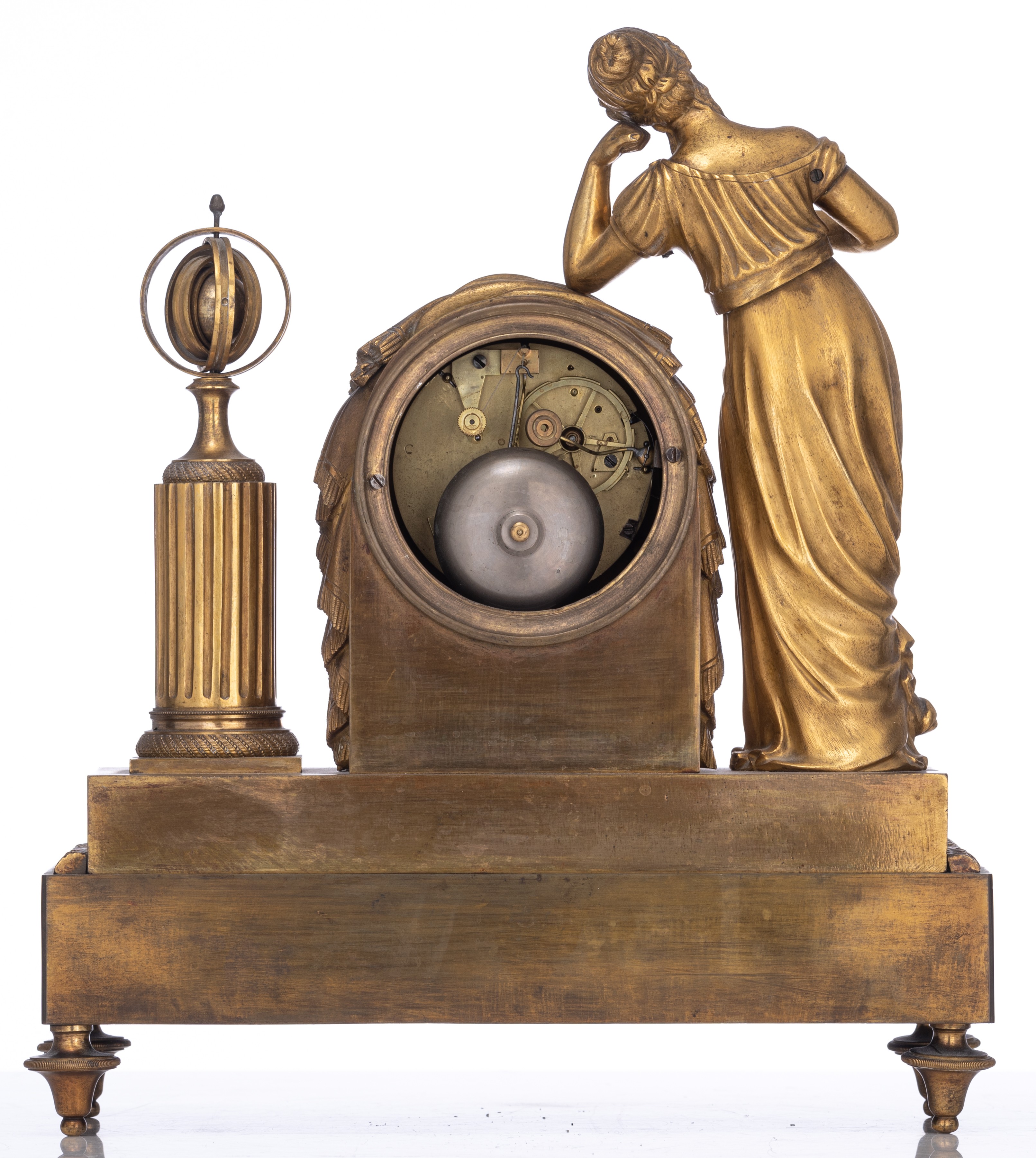 A French Charles X style mantle clock, and a ditto pair of period candlesticks, H 28,5 - 34 cm - Image 4 of 18