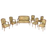 A Neoclassical salon set containing one settee, two armchairs and four chairs, H 88 - W 47 - 151 cm