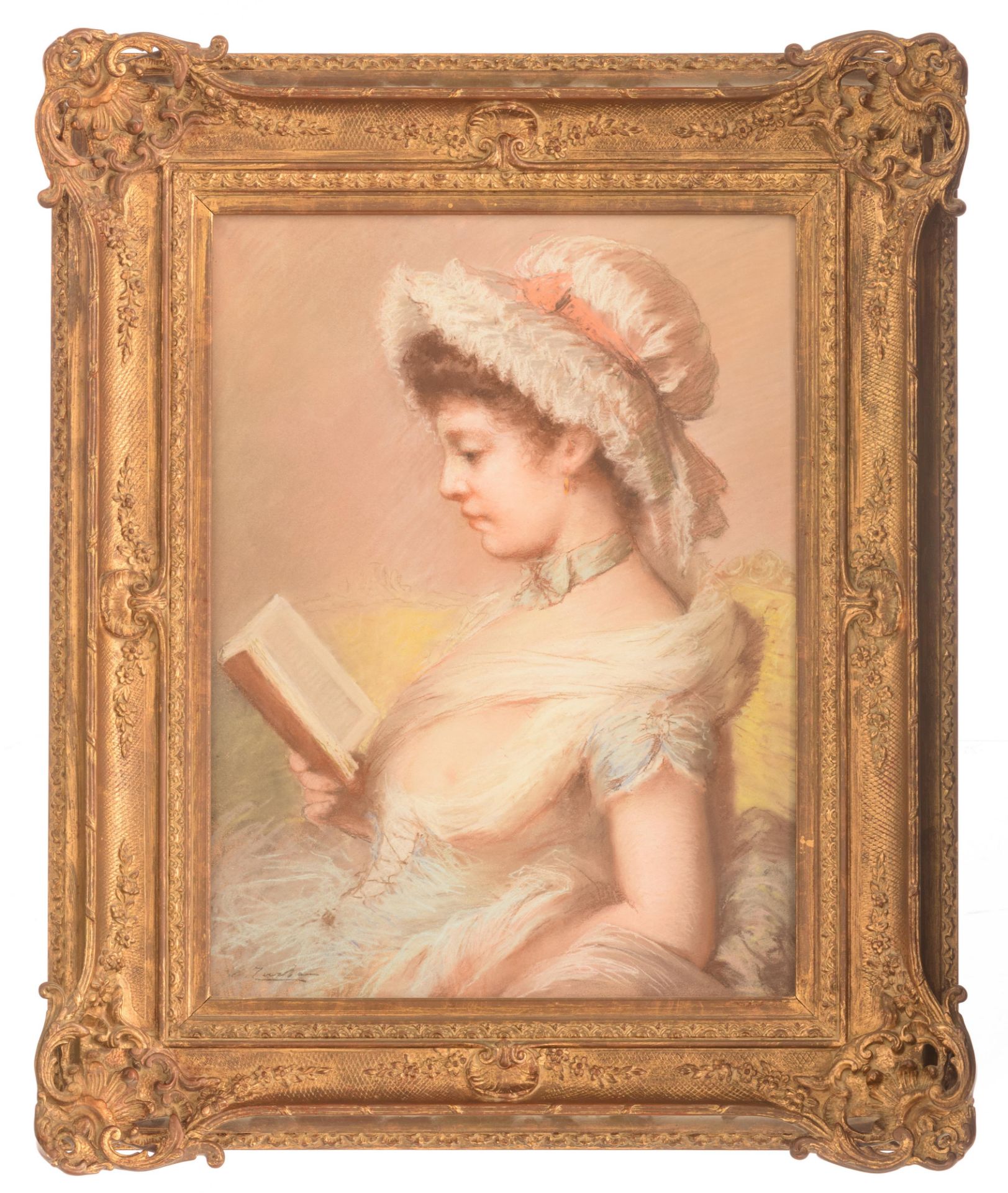 Indistinctly signed, a young girl reading, 19thC, 64 x 49 cm - Image 2 of 5