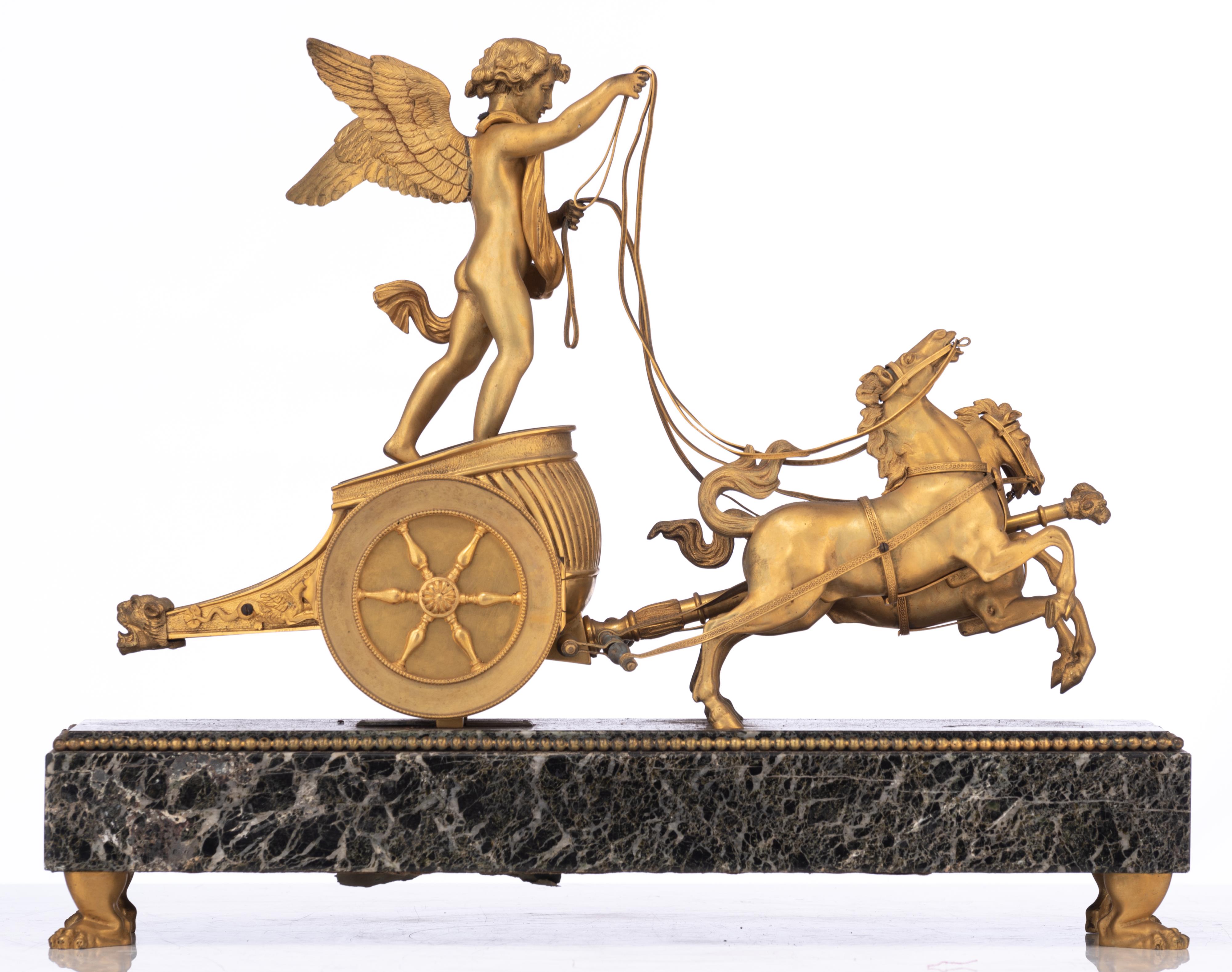 A Neoclassical mantle clock with Cupid's chariot, H 46 - W 37 cm - Image 4 of 7