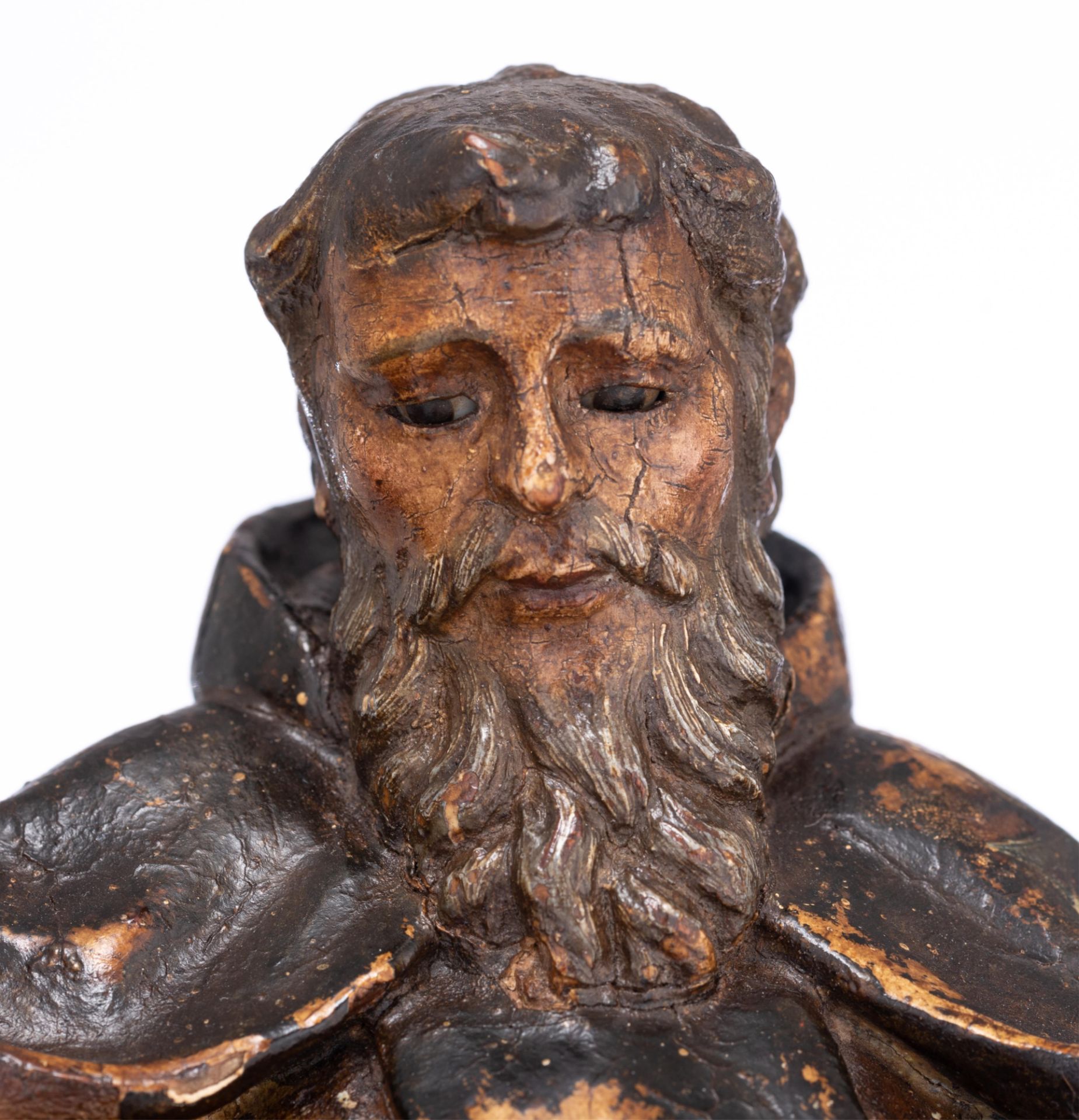 A 17thC polychrome painted (lime)wooden statue of a Cistercian monk (Robertus van Molesme?), souther - Image 9 of 17