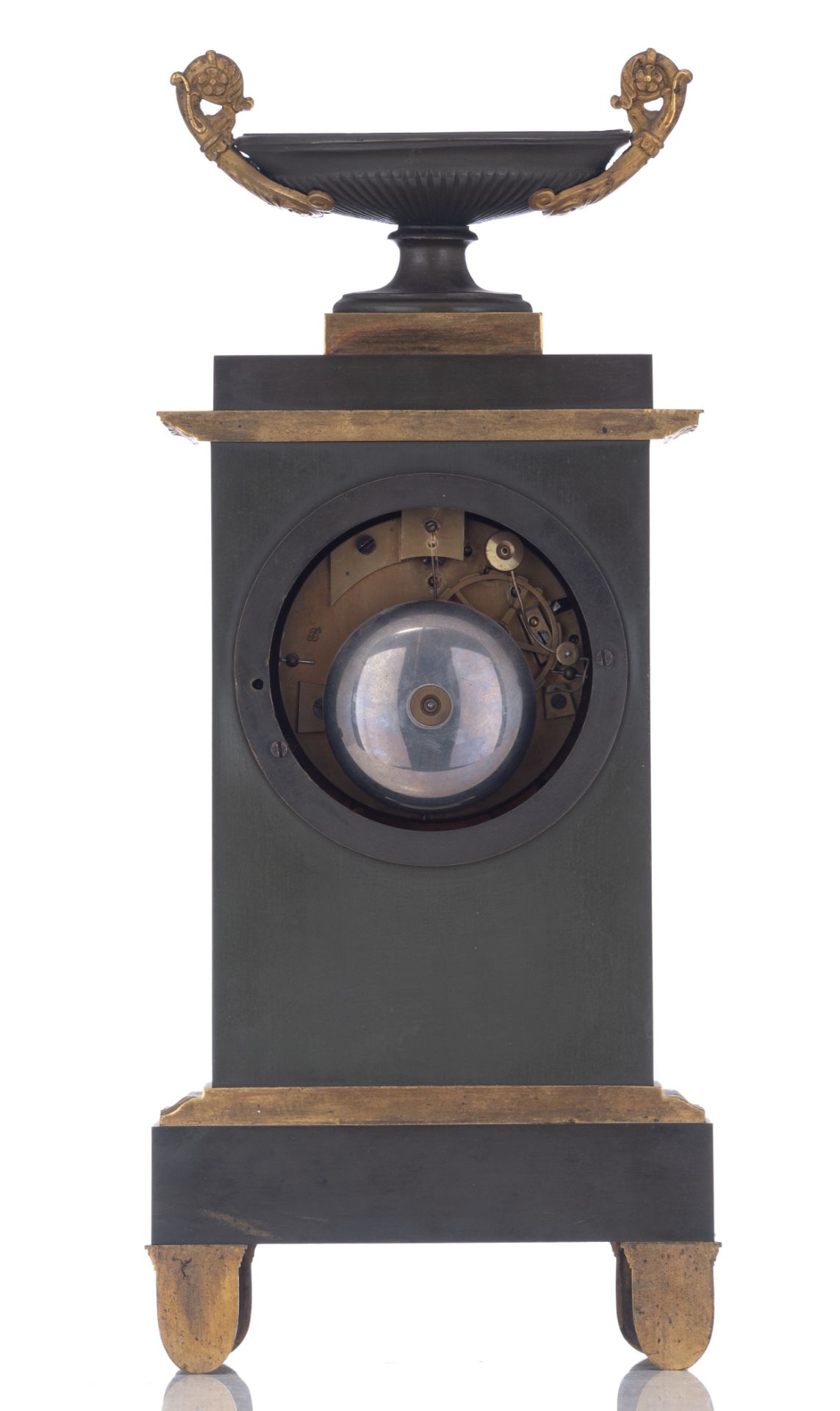 A fine Empire patinated and gilt bronze table clock, 'J.B. Hanset, Bruxelles', H 38 cm - Image 3 of 11