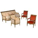 A French Directoire furniture set of two armchairs, one bergère and a settee, H 90 - W 57 - 206 cm