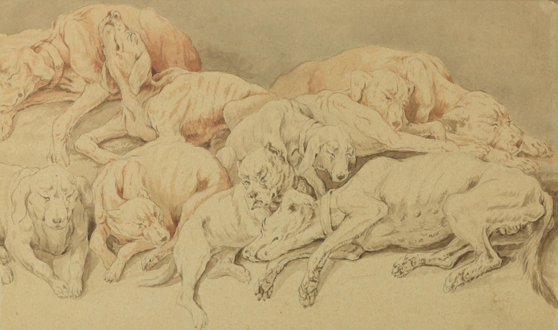 Monogrammed E.D., a pack of dogs, three washed drawings, 21 x 31 - 35 cm - Image 4 of 12