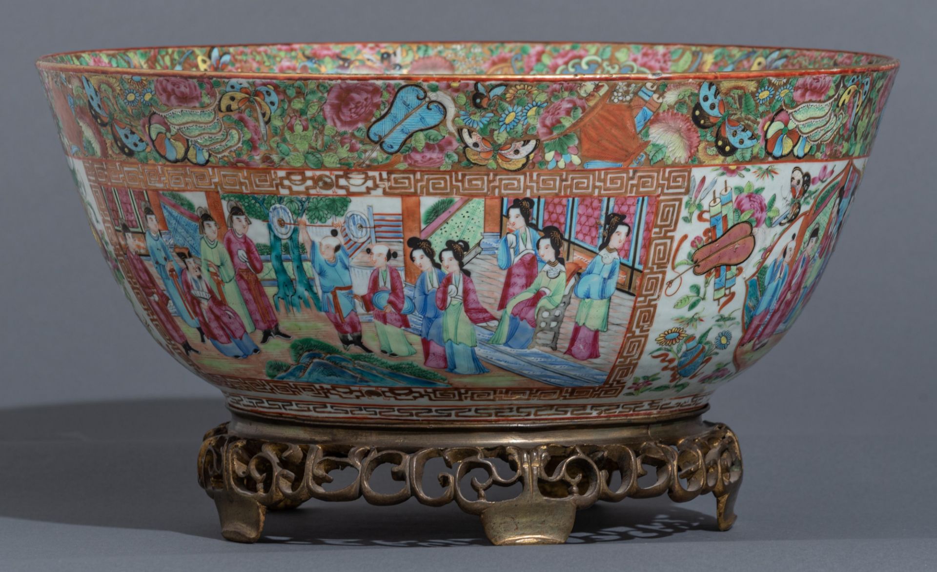 Two Chinese Canton famille rose mounted vases and a ditto punch bowl, 19thC, H 52 cm - Image 10 of 13
