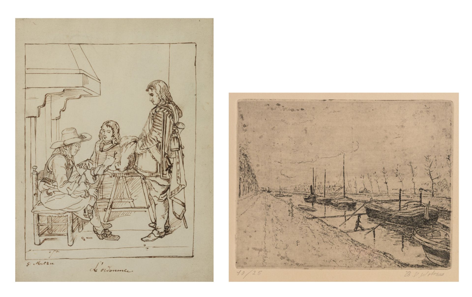 Ink drawing after Gabriel Metsu and an etching by Henri Victor Wolvens, 13,9 x 17,9 - 21 x 27,5 cm