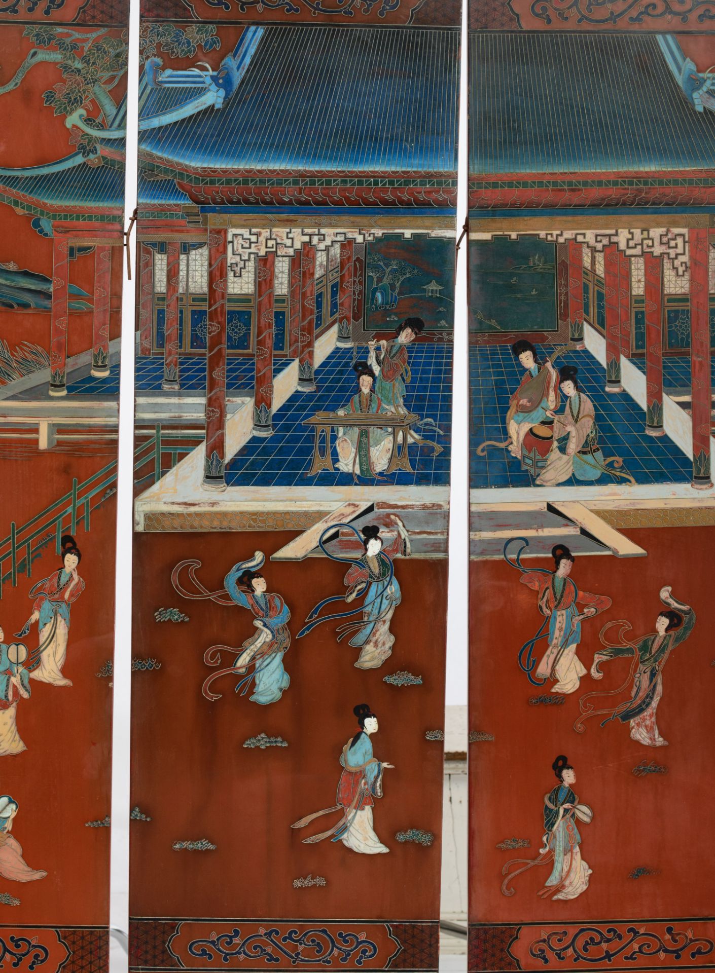 A Chinese six-fold lacquered chamber screen, late 19thC/20thC, Dimensions of one panel 183,3 x 40,5 - Image 4 of 7