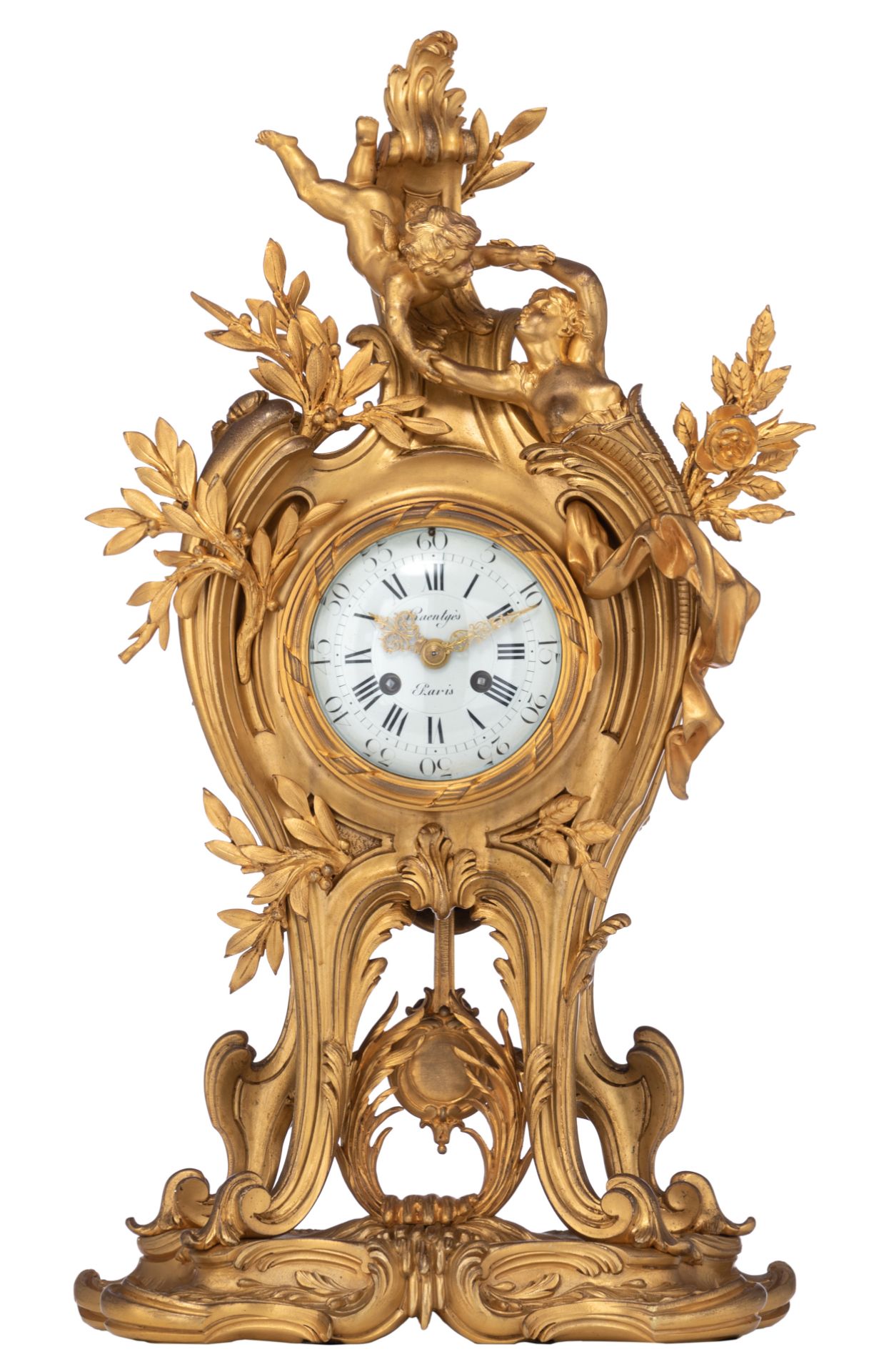 A fine Rococo style gilt bronze cartel clock, H 61 cm