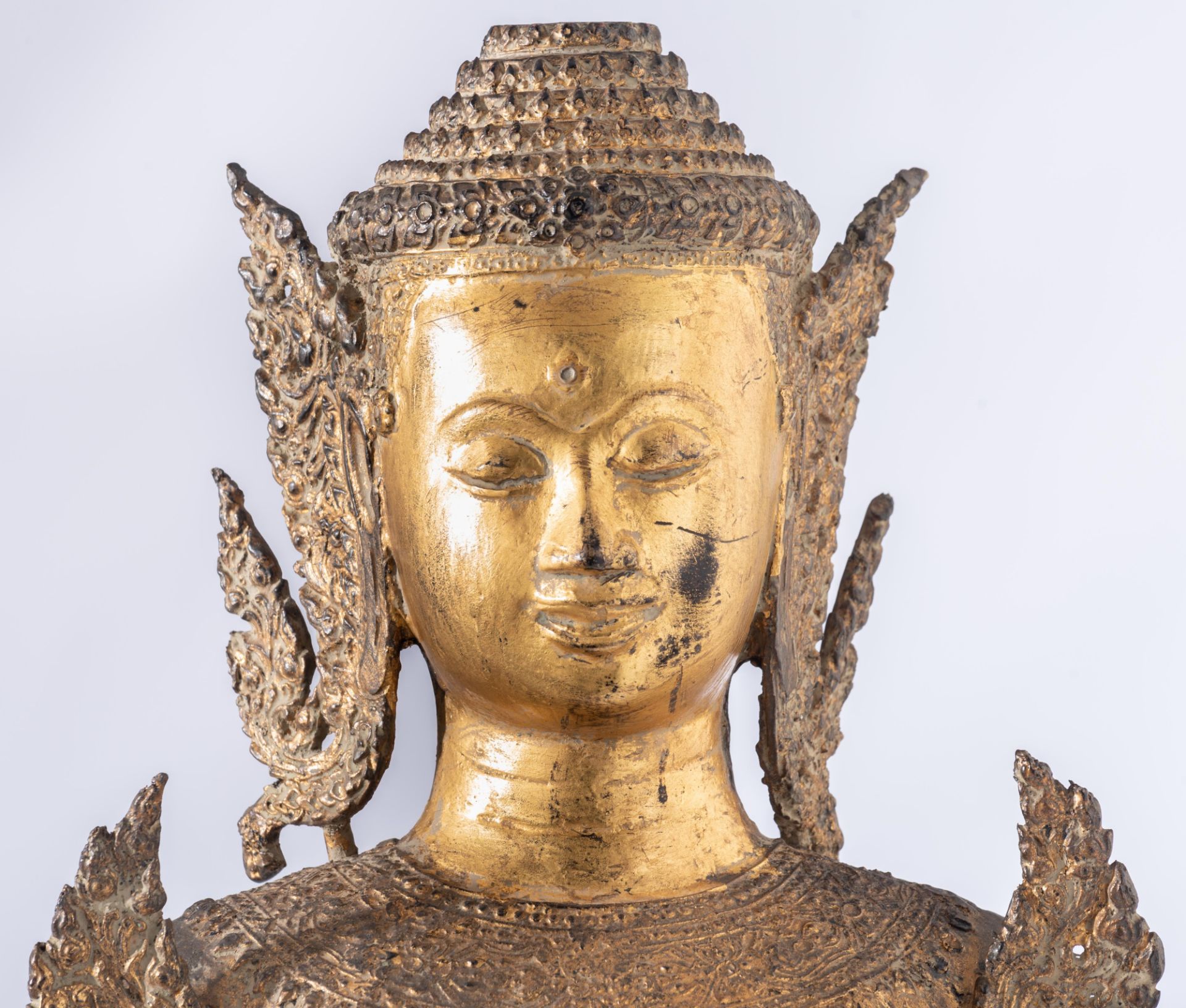 Two gilt bronze standing Buddha and a lacquered and gilt wood seated Buddha, Thailand, Tallest H 121 - Image 10 of 11