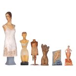 A collection of shop display mannequins and advertising for corsetry, H 42 - 141,5 cm