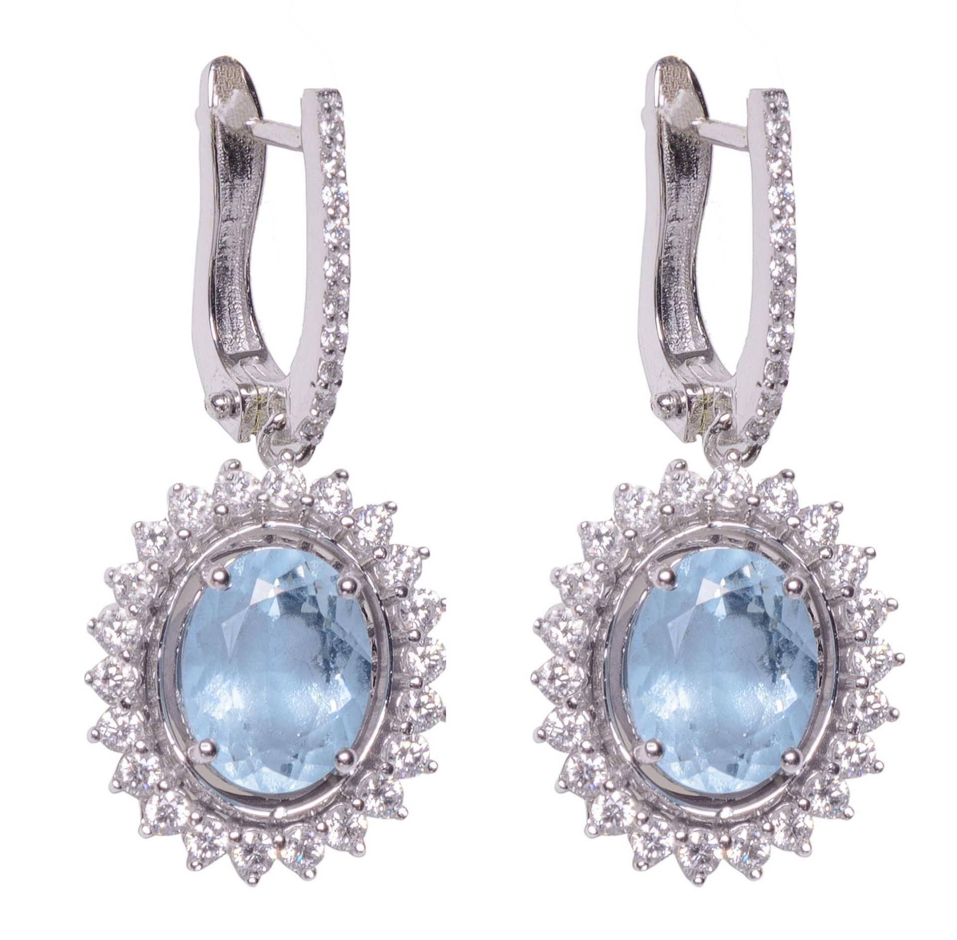 A pair of 18ct white gold earrings set with aquamarine and 64 brilliant-cut diamonds, total weight: