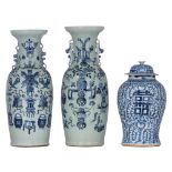 A pair of Chinese blue and white on celadon vases, 19thC, H 58,5 cm; added a blue and white 'Double