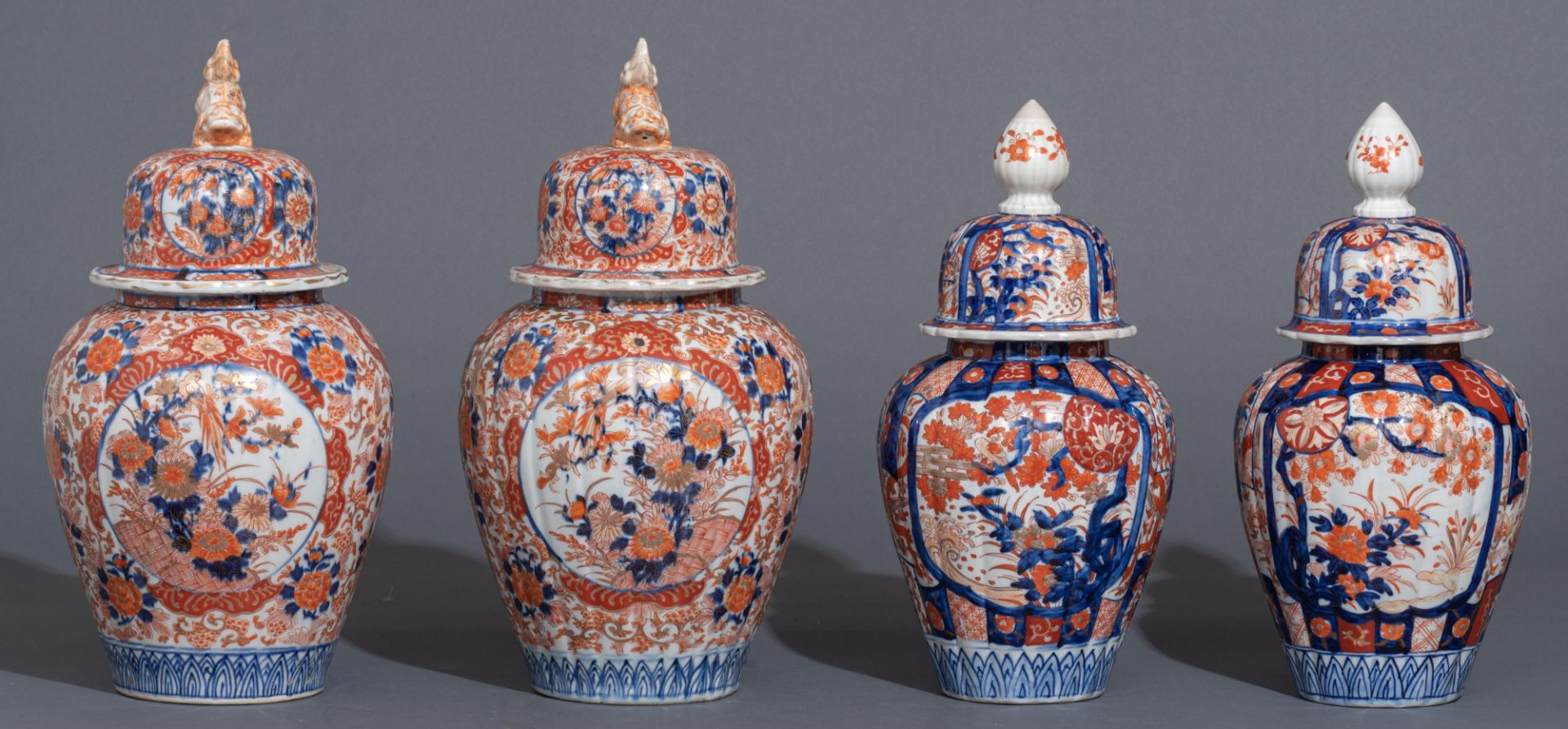 Two pairs of Japanese Imari covered jars and a Japanese Arita Imari serving plate, 19thC, H tallest - Image 2 of 16