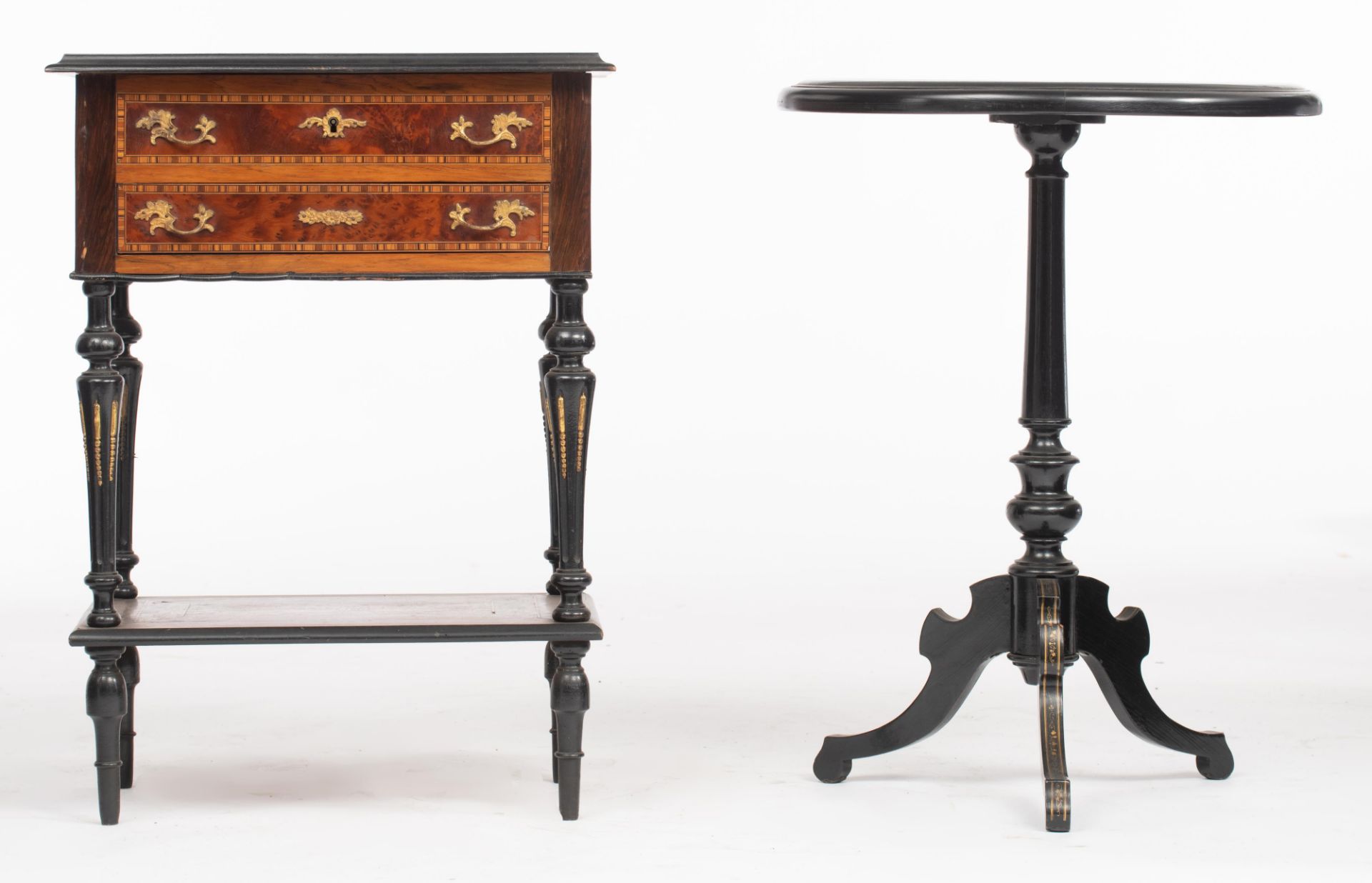 A Neoclassical lady's sewing table and a matching fold-over tea table, H 73 - 76 cm - Image 2 of 13