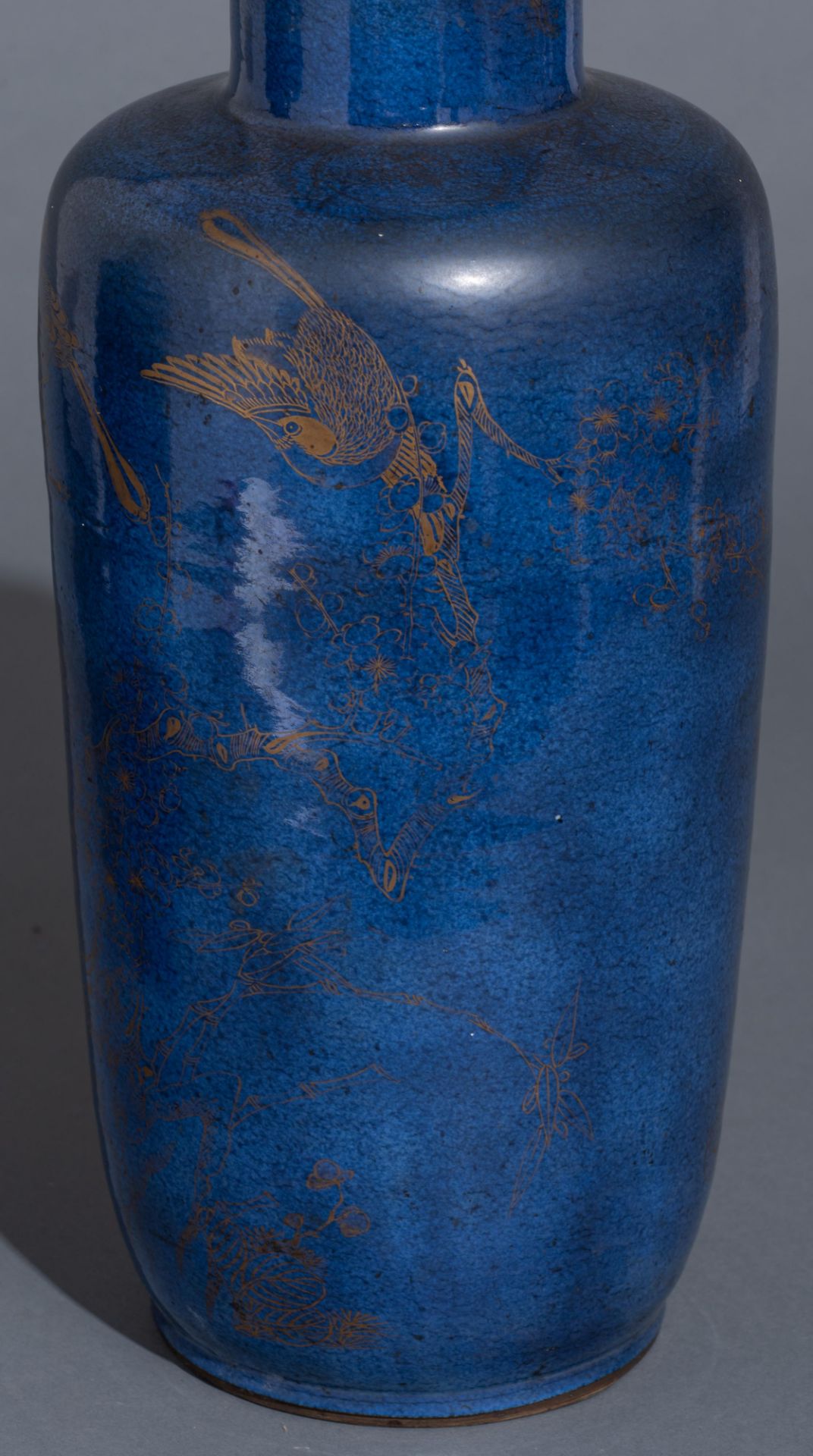 A pair of Chinese powder blue ground and gilt rouleau vases, 18thC, H 45,5 cm - Image 12 of 13