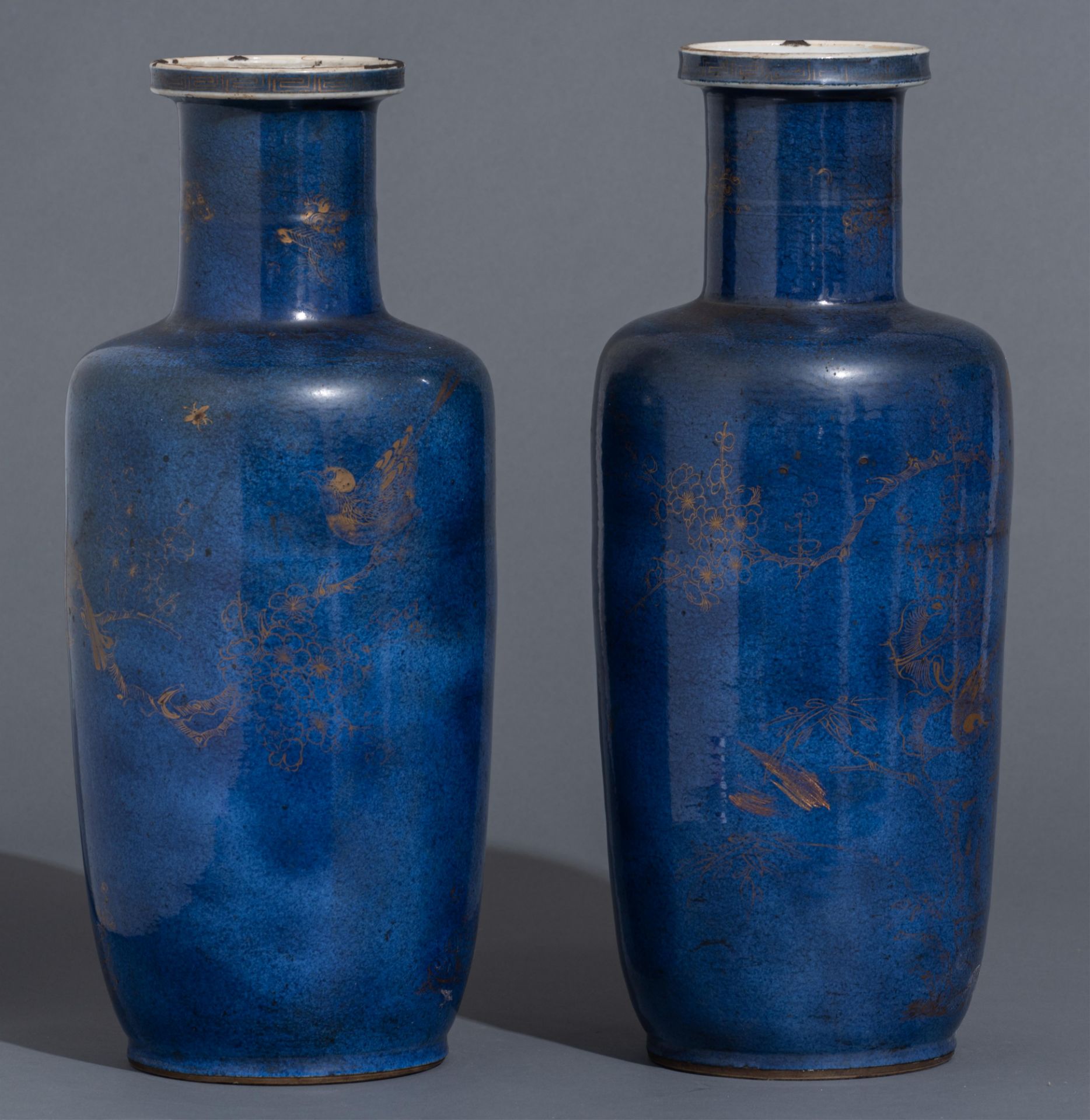 A pair of Chinese powder blue ground and gilt rouleau vases, 18thC, H 45,5 cm - Image 4 of 13