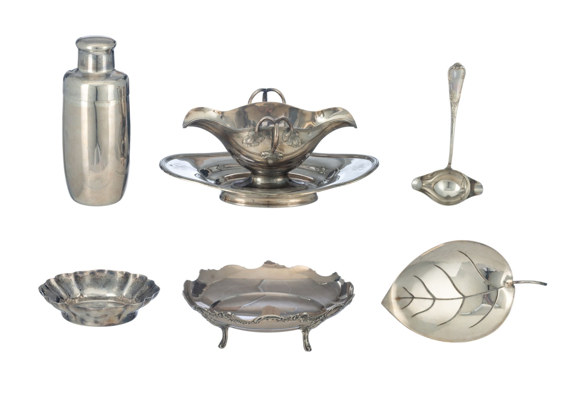 Various French and Belgian silver tableware, total weight silver: c. 1.640 g., we add two small silv