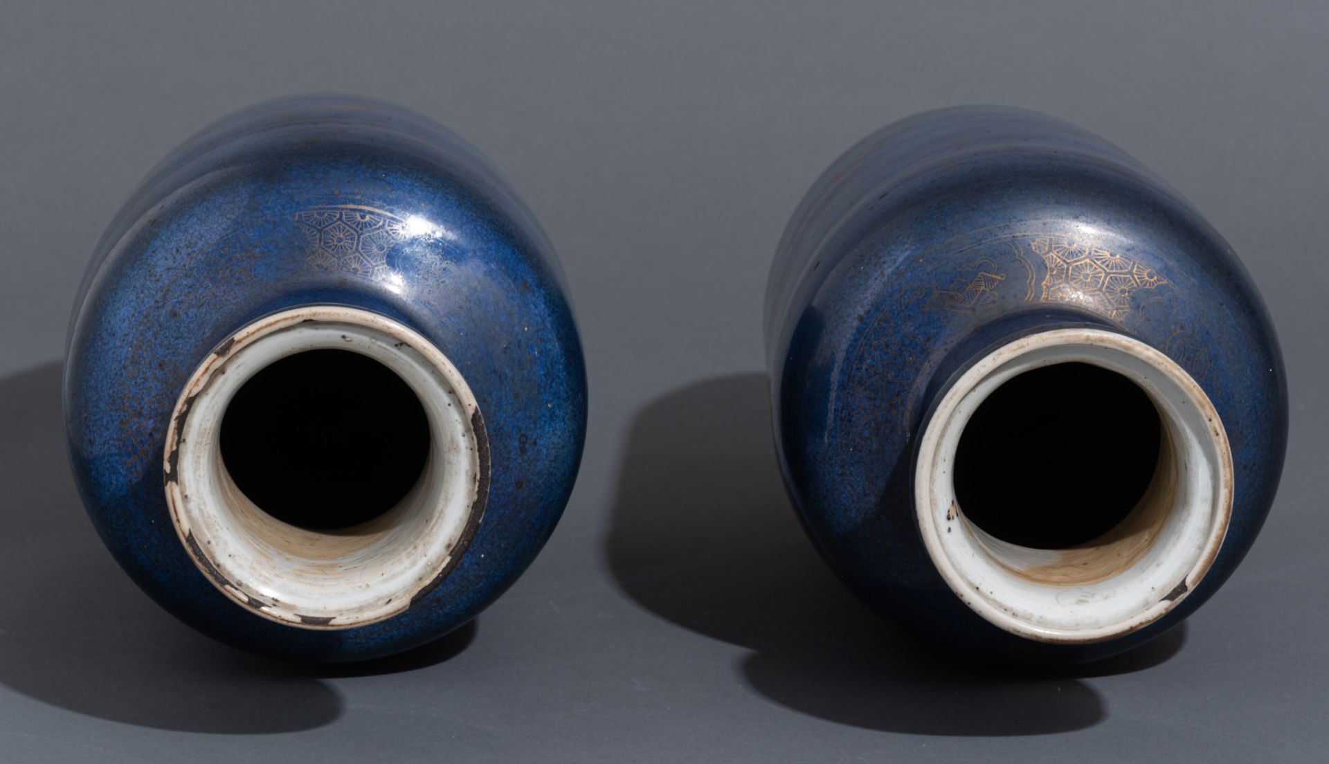 A pair of Chinese powder blue ground and gilt rouleau vases, 18thC, H 45,5 cm - Image 5 of 13