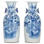 A pair of Chinese celadon and underglaze blue vases, 19thC, H 56 cm