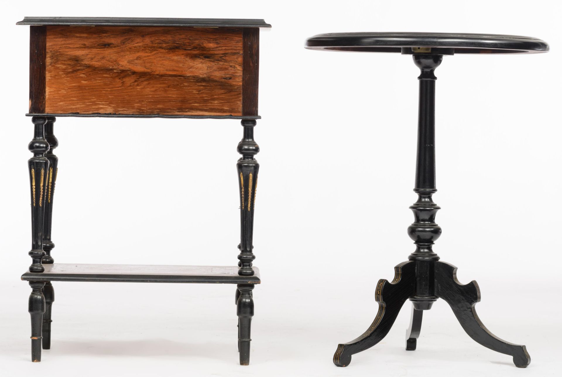 A Neoclassical lady's sewing table and a matching fold-over tea table, H 73 - 76 cm - Image 4 of 13