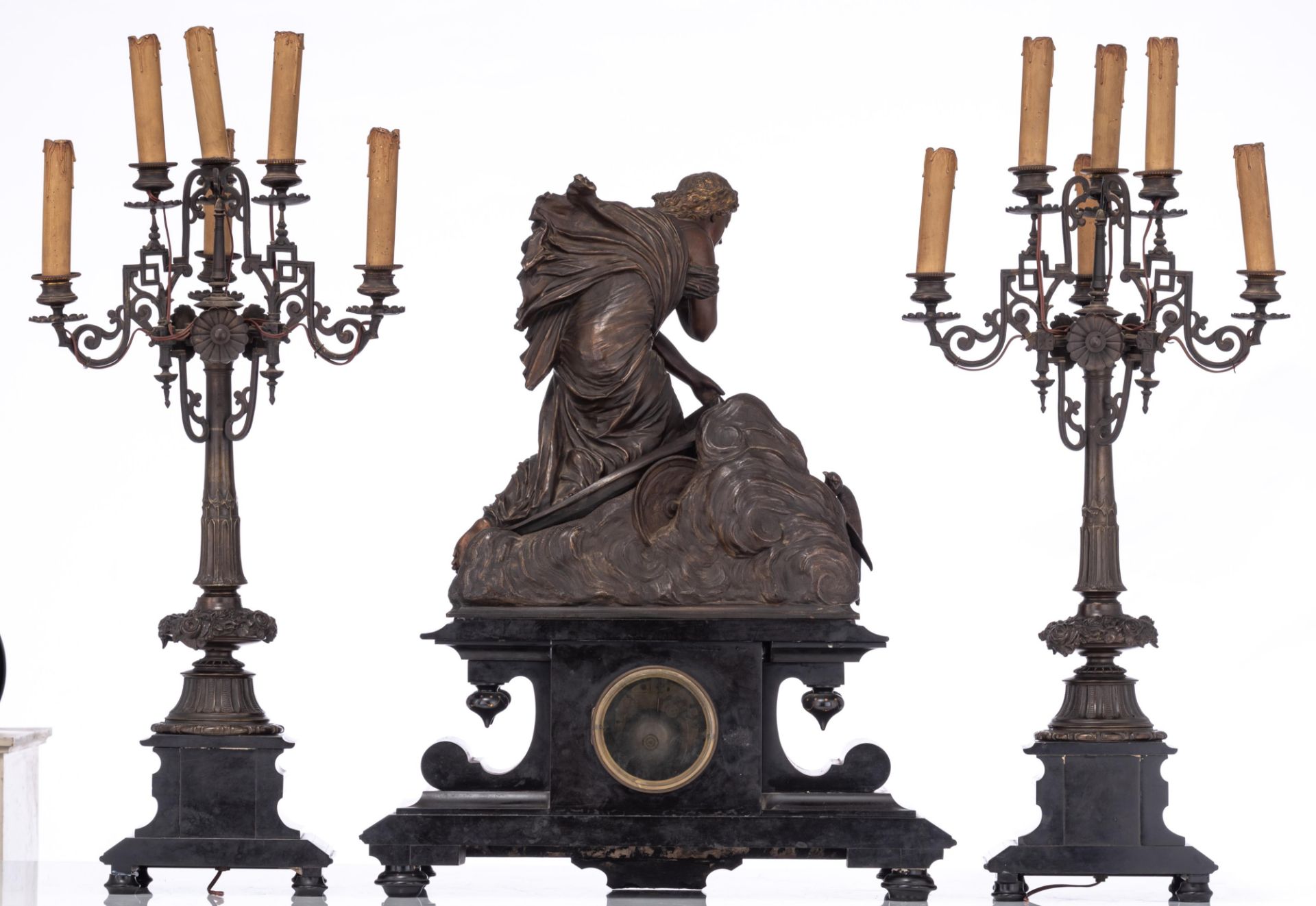 A Napoleon III three-piece mantle set, H 69,5 - 82,5 cm - W 56 cm - Image 2 of 11