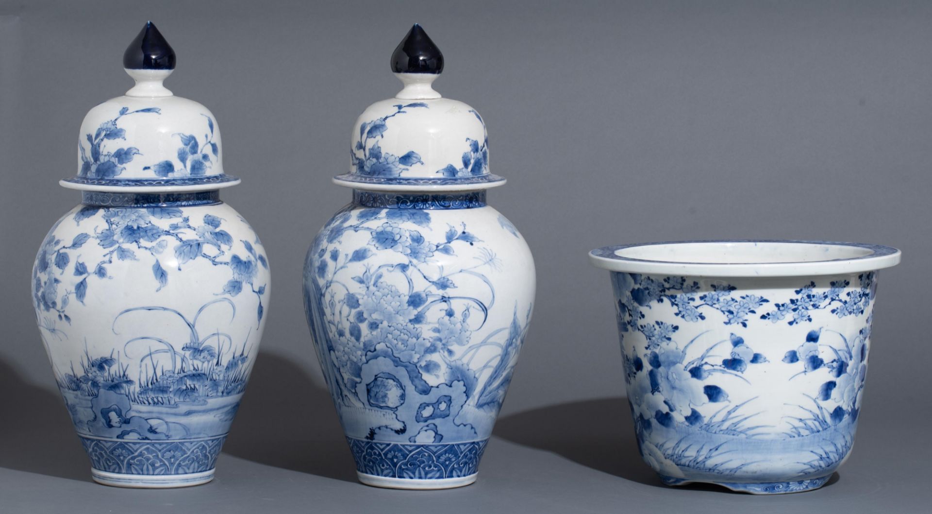 A pair of Japanese blue and white Arita covered vases and a ditto jardinière, Meiji period, H vases - Image 4 of 8