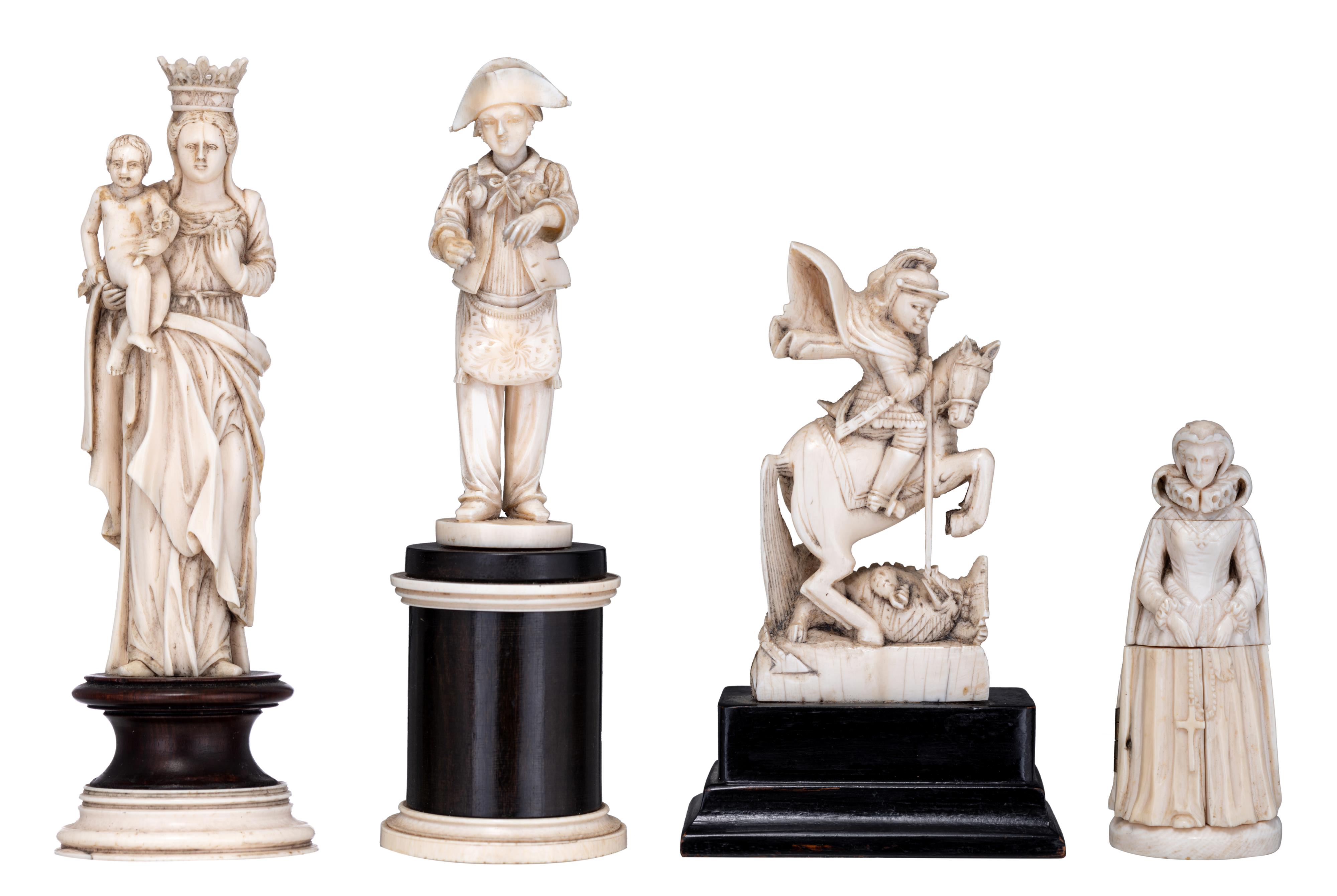 Four 19thC small Dieppe or Paris ivory figures, three on a wooden base, H 7,7 - 16,5 cm